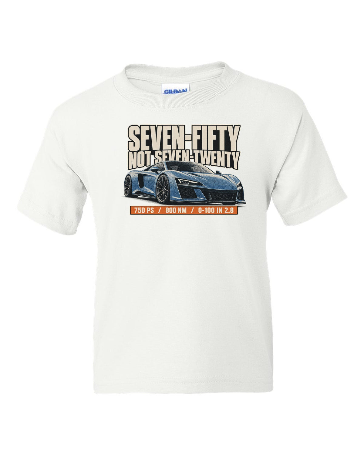 Halftone print of a McLaren 750S with the text seven-fifty not seven-twenty white kids tee front view with the design