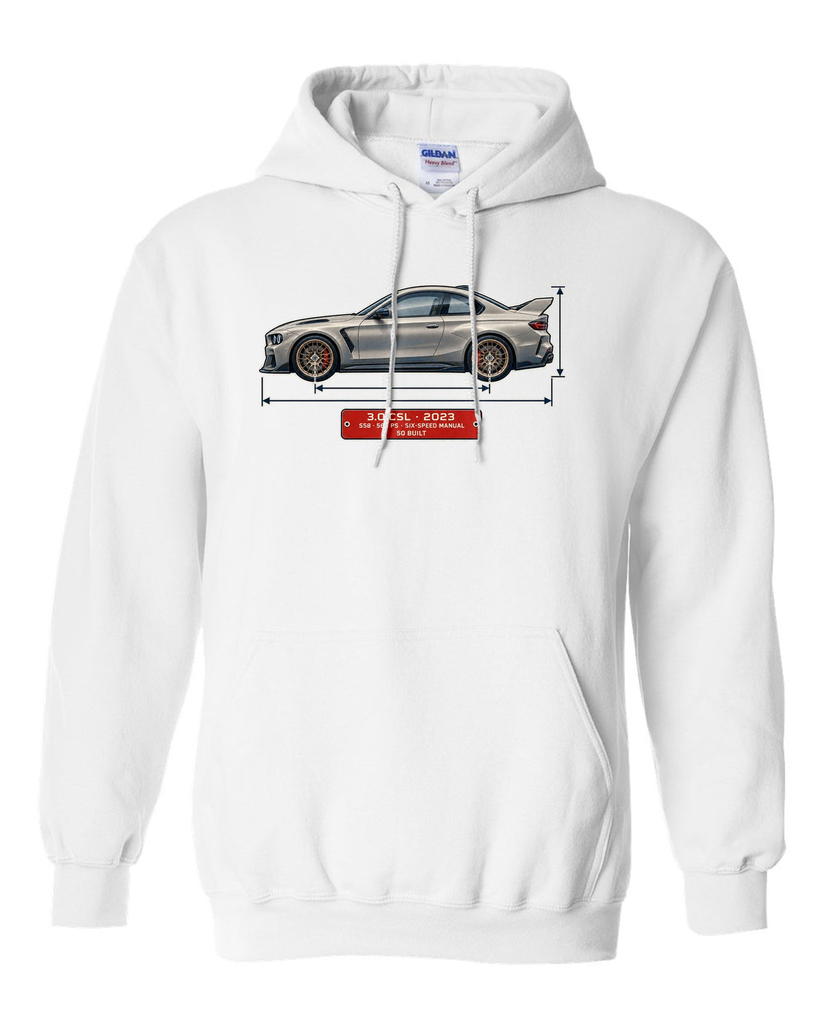 BMW 3.0 CSL 2023 dimension blueprint print white pull over hoodie front view with the design