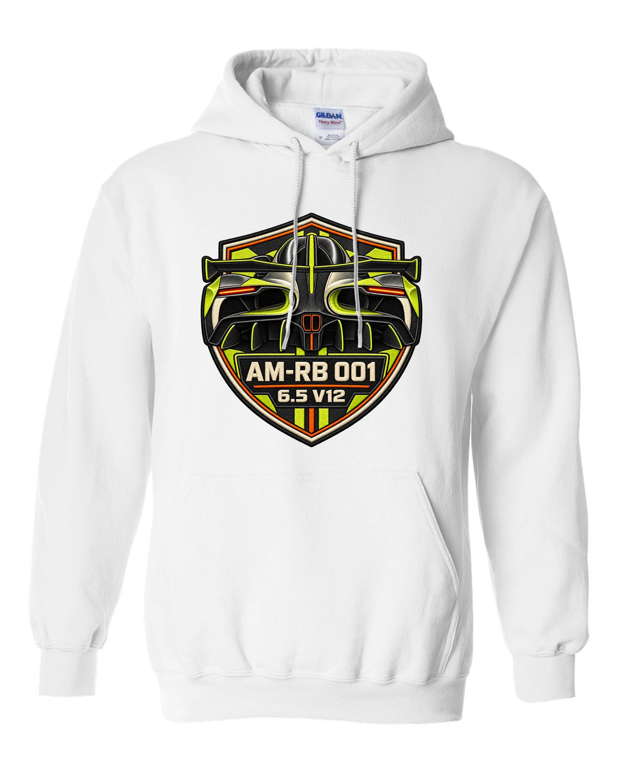 Varsity embroidery-style tunnel print of the 2021 Aston Martin Valkyrie with AM-RB 001 and 6.5 V12 lettering white pull over hoodie front view with the design
