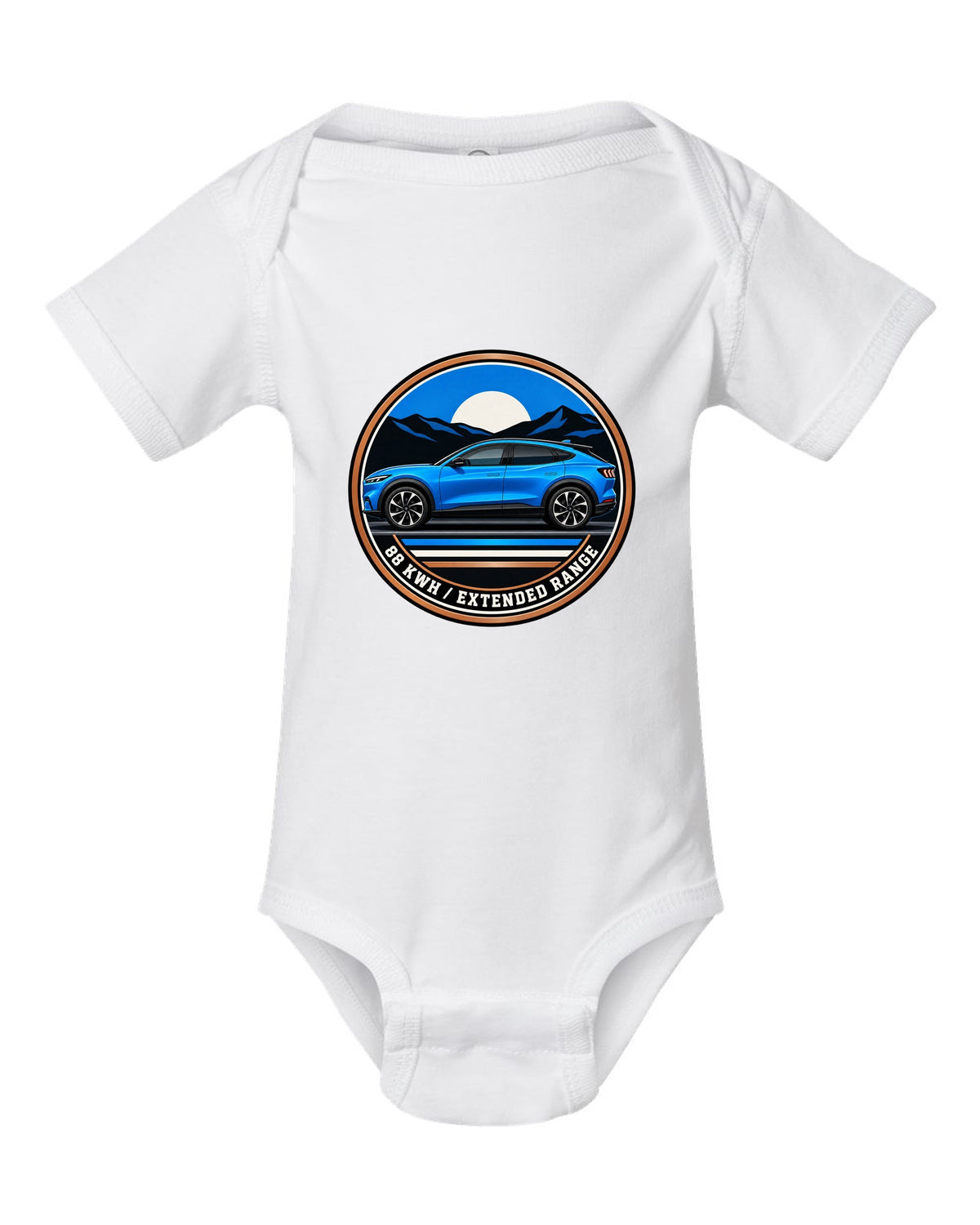 Gauge-cluster HUD print of a 2020 Mustang Mach-E CX727 showing One Gear 3.5 Sec white baby onesie front view with the design