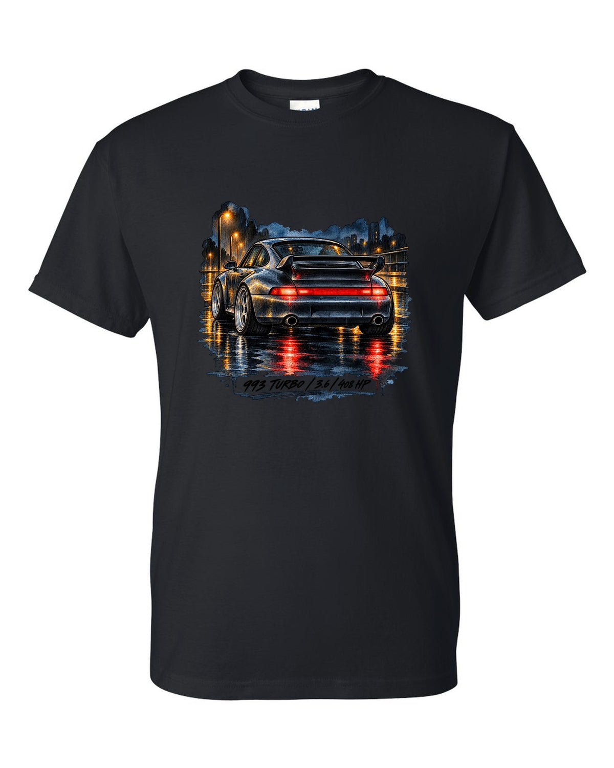 Spec sheet data plate design for the 1978 Porsche 911 Turbo 3.3 930 black t-shirt front view with the design