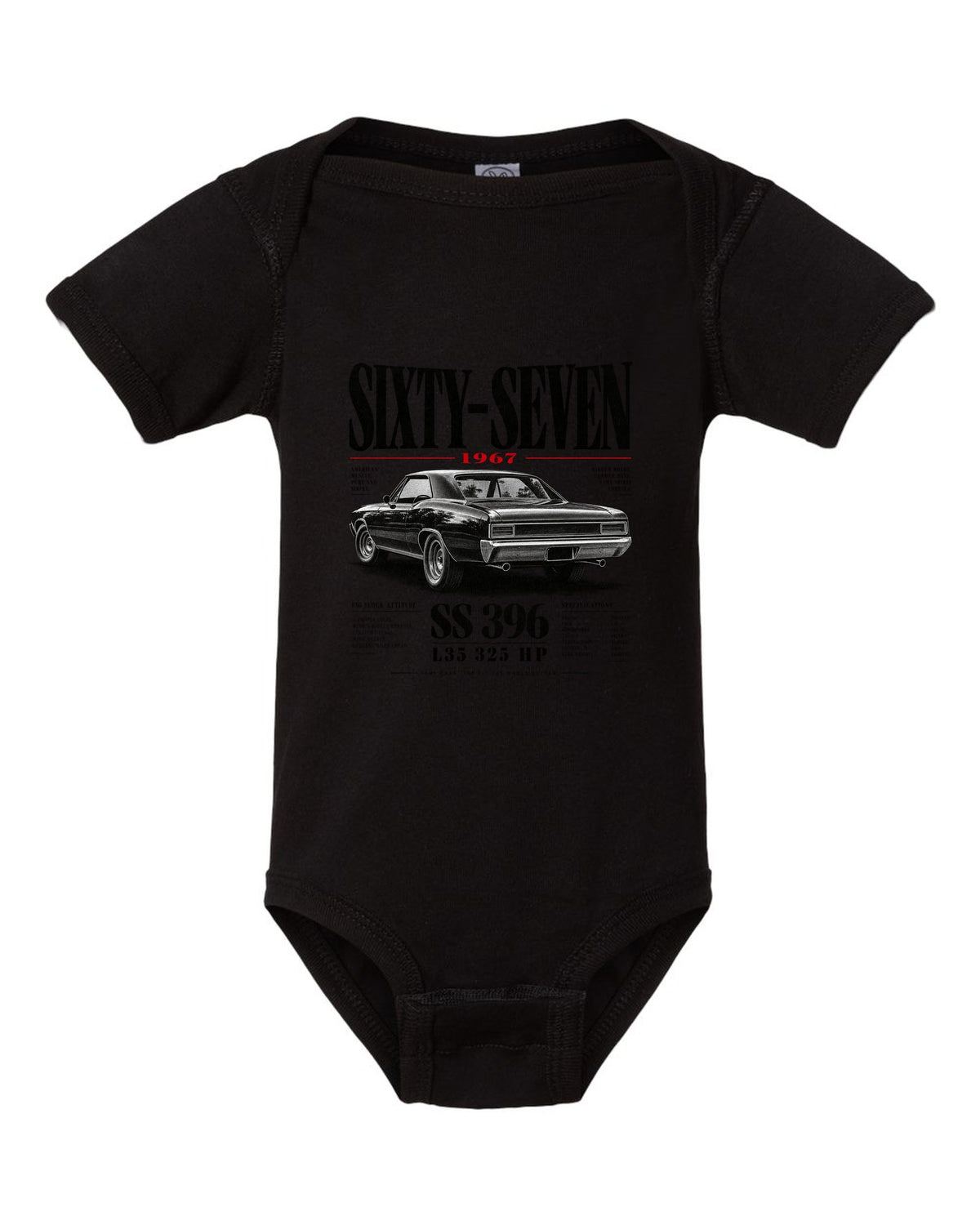 1967 Chevelle SS 396 rear three-quarter editorial headline print black baby onesie front view with the design