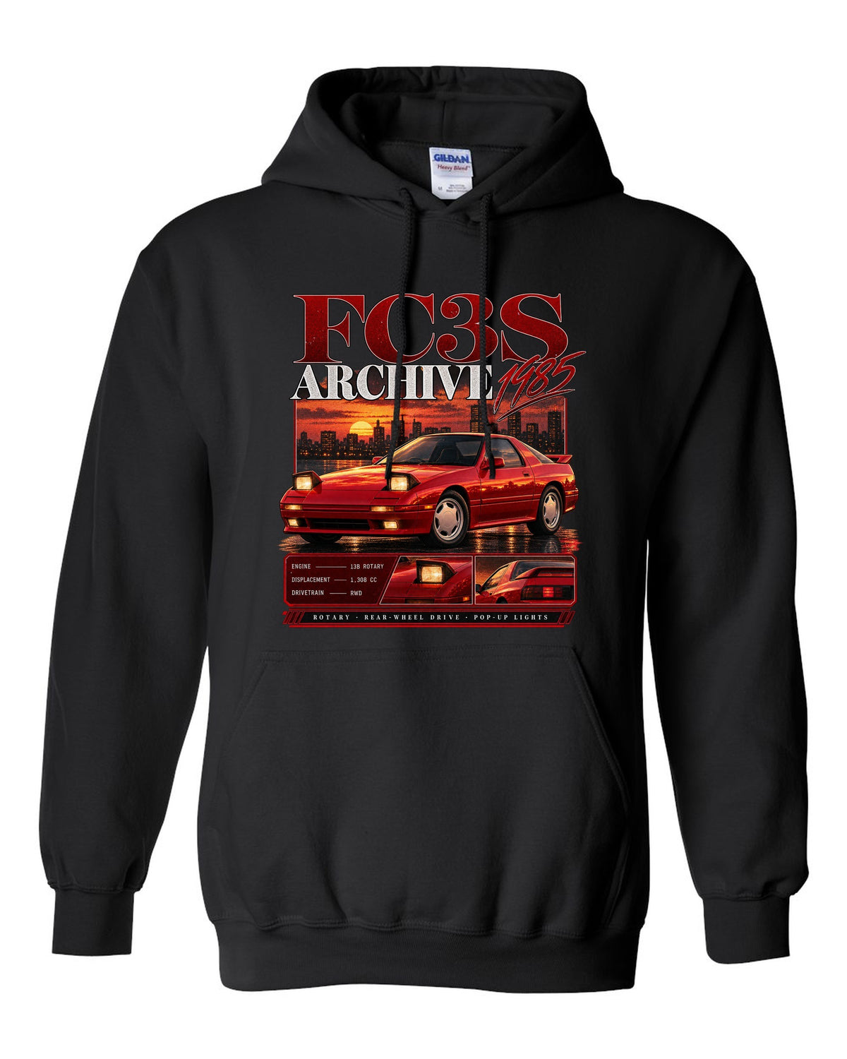Archive panel print of a Mazda RX-7 FC3S with 13B rotary specs black pull over hoodie front view with the design