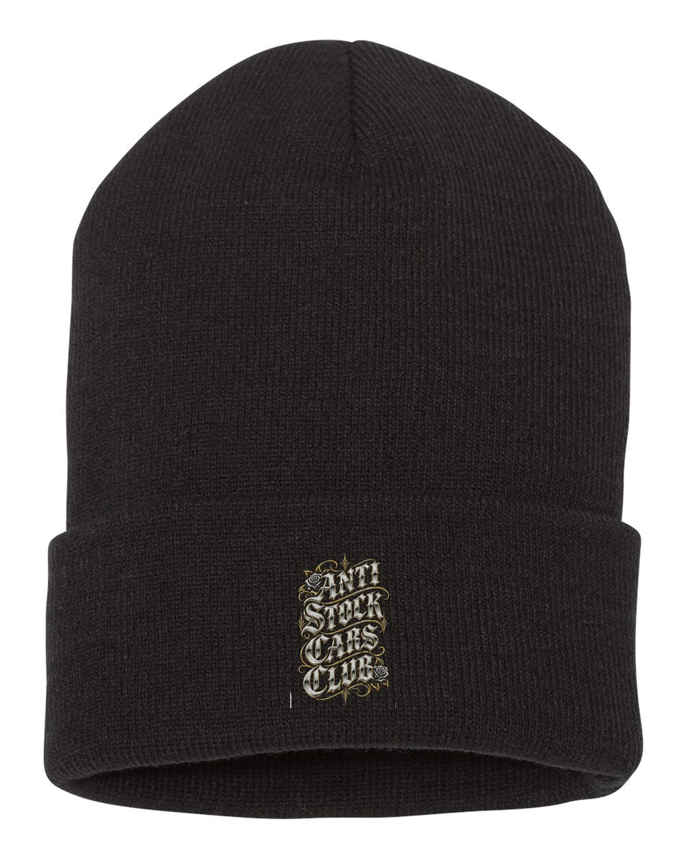 Anti Stock Cars Club Lowrider Script Shirt, Hoodie & More black beanie front view with car name