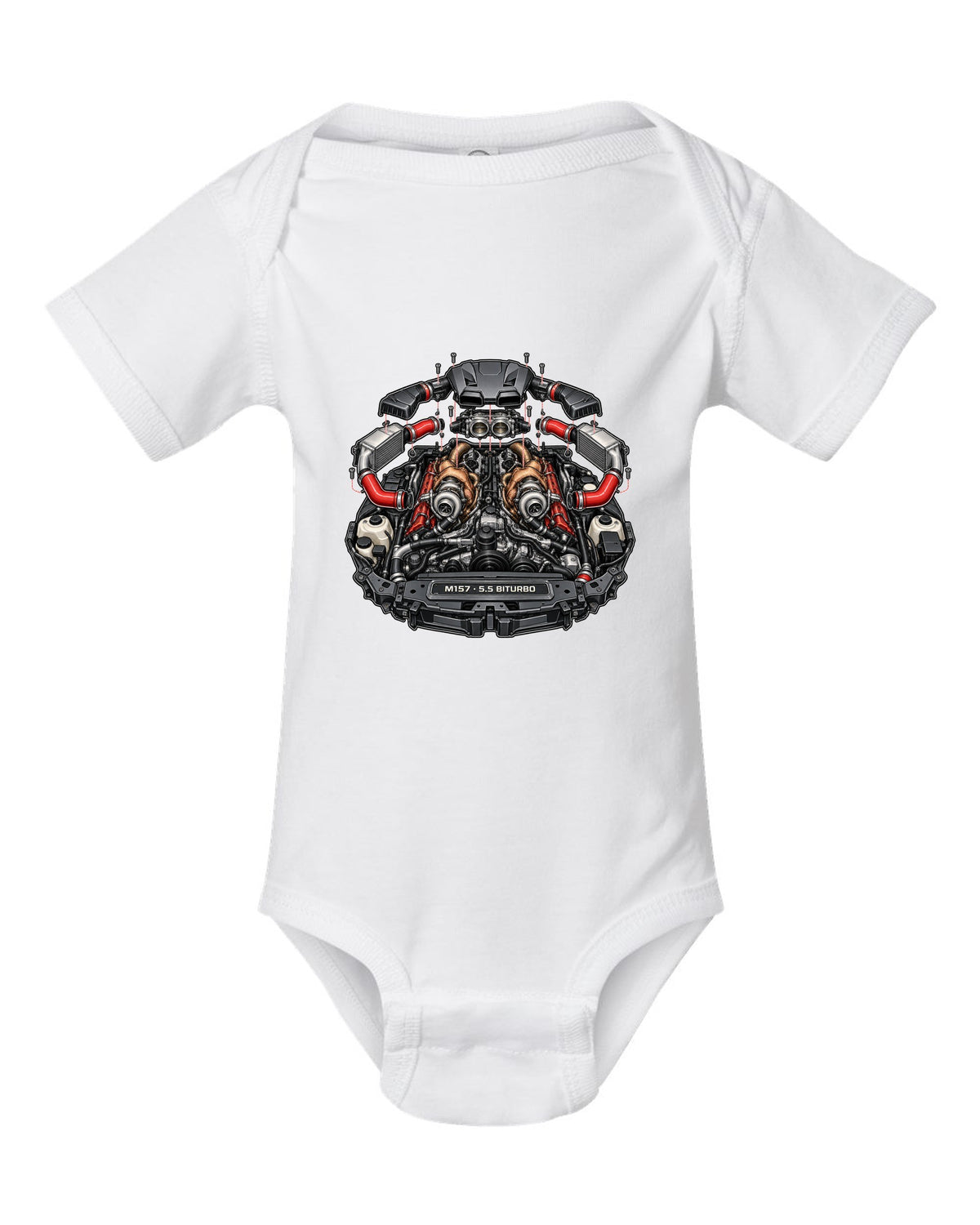 Hand-painted anime mountain road with a Mercedes E63 AMG Wagon S213 drifting white baby onesie front view with the design