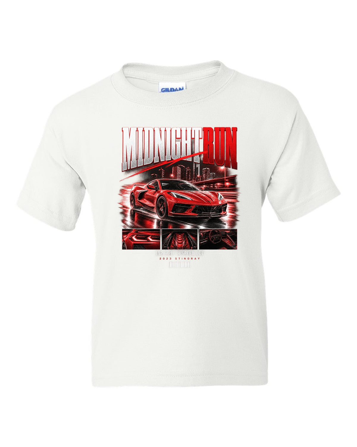 Corvette C8 Stingray 2023 widebody street poster Midnight Run white kids tee front view with the design