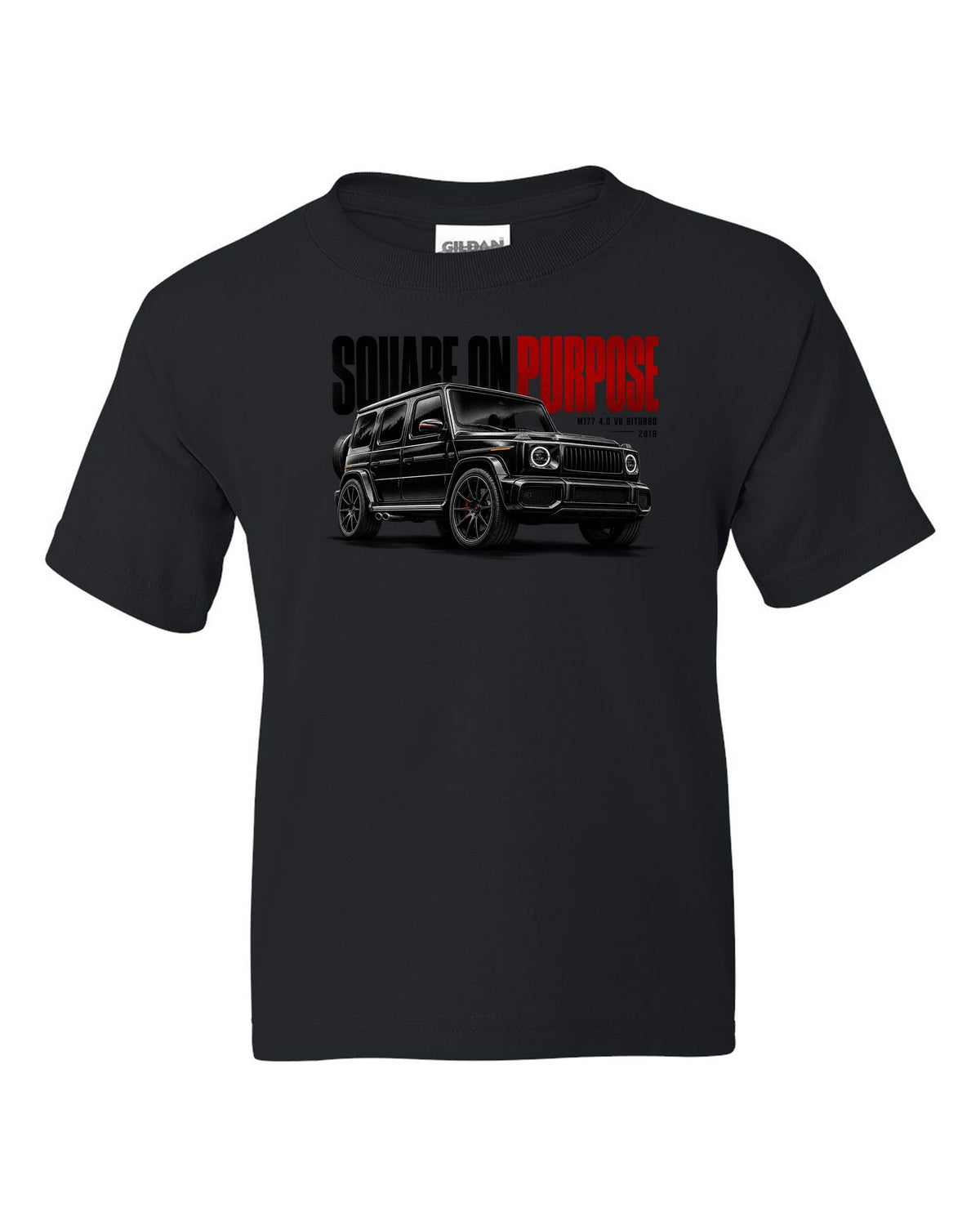 Halftone statement print of a Mercedes-AMG G63 W464 with Square On Purpose lettering black kids tee front view with the design