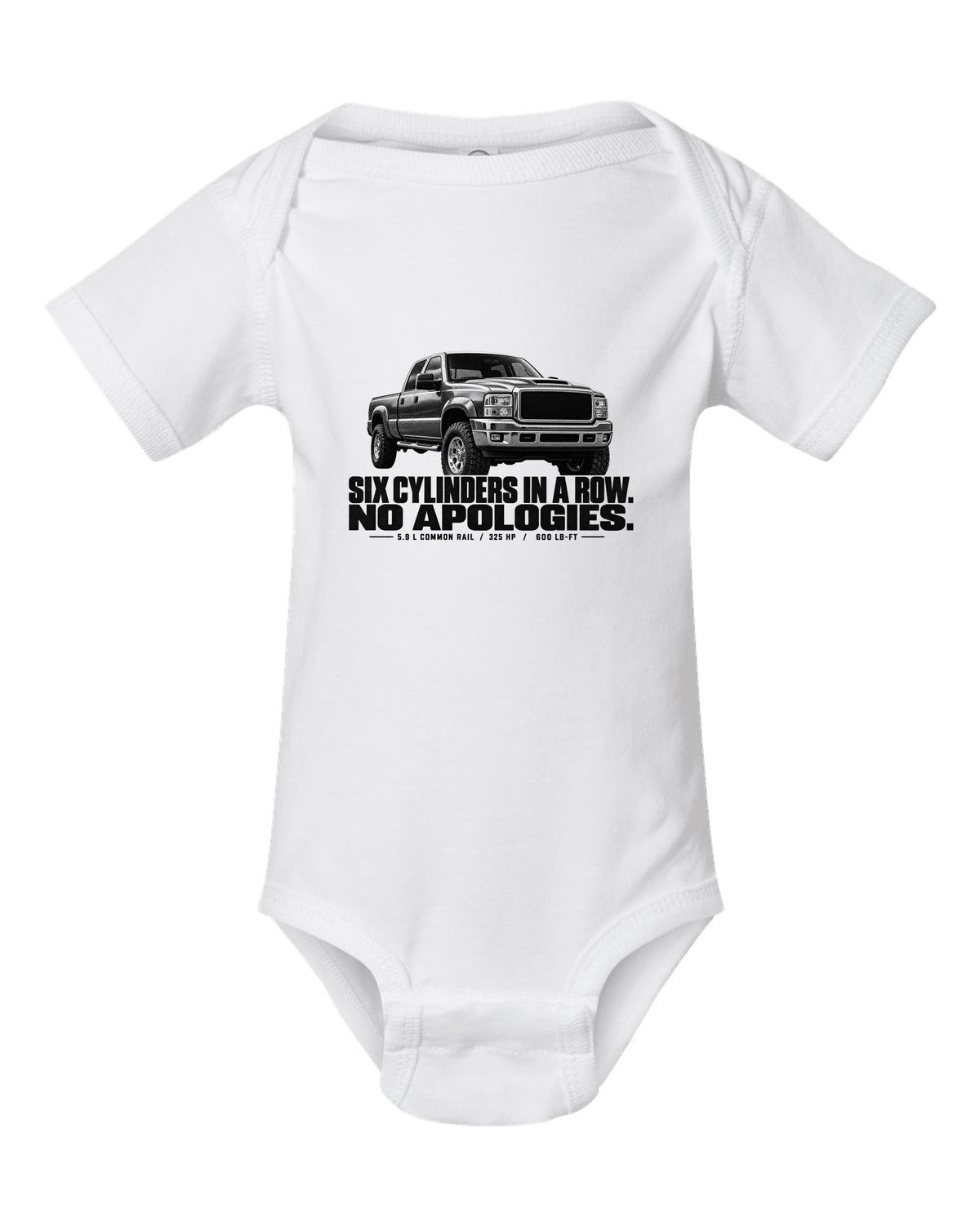 Halftone print of a 2003-09 Dodge Ram 2500 3rd gen in a front three-quarter view white baby onesie front view with the design