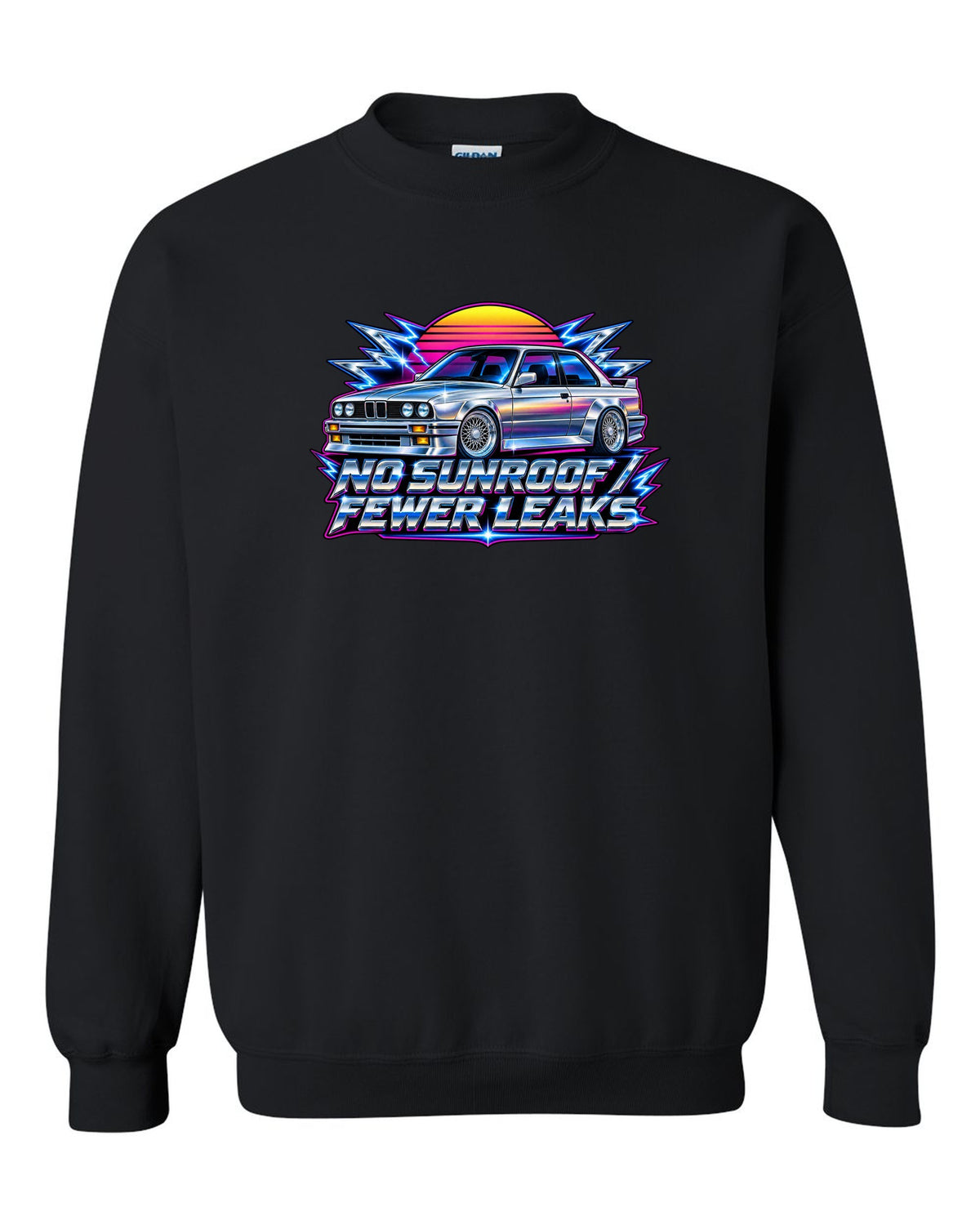 80s chrome airbrush print of a BMW E30 M3 with no sunroof fewer leaks text black crewneck front view with the design