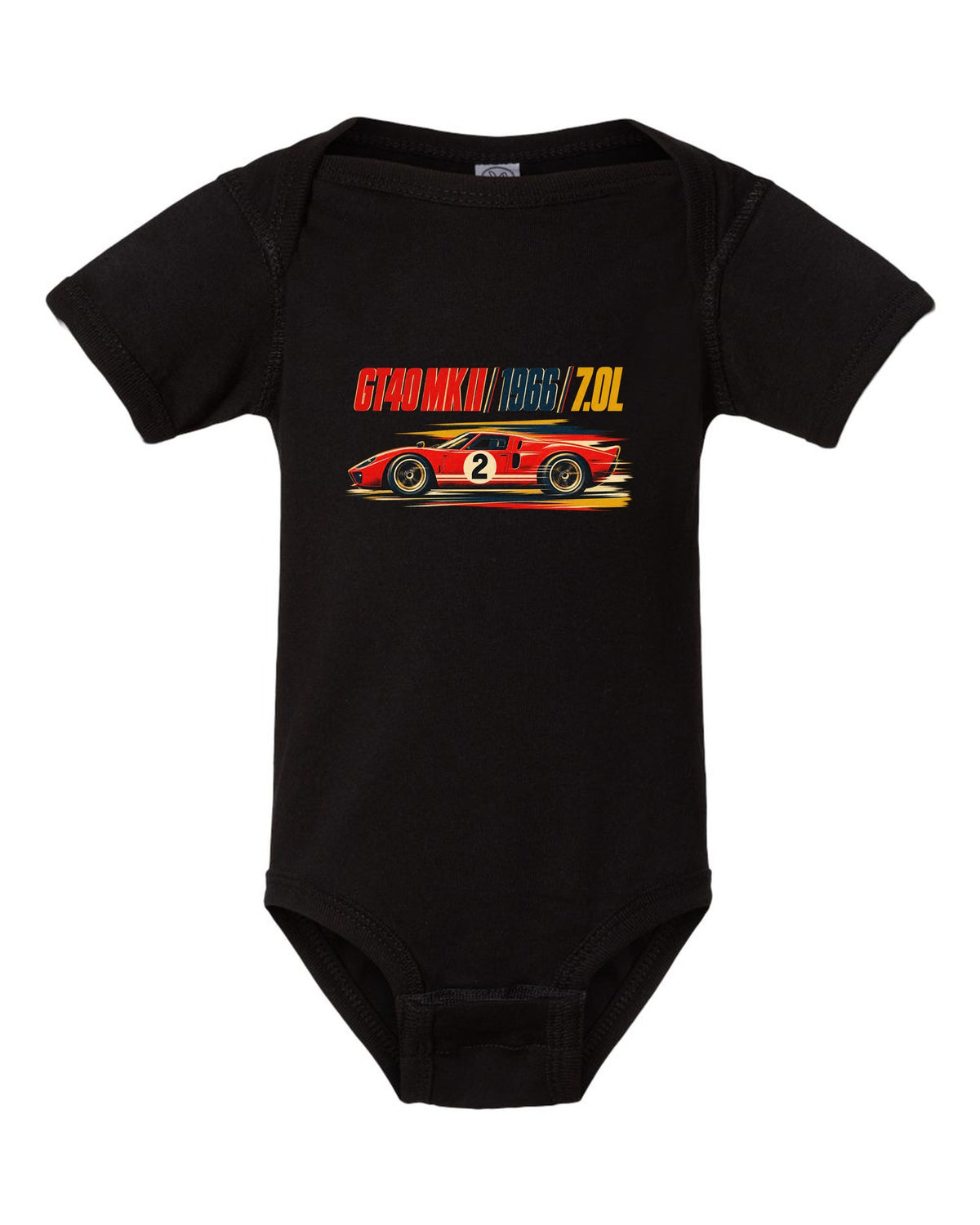 Vintage litho race poster of a 1966 Ford GT40 Mk II with 7.0L lettering black baby onesie front view with the design
