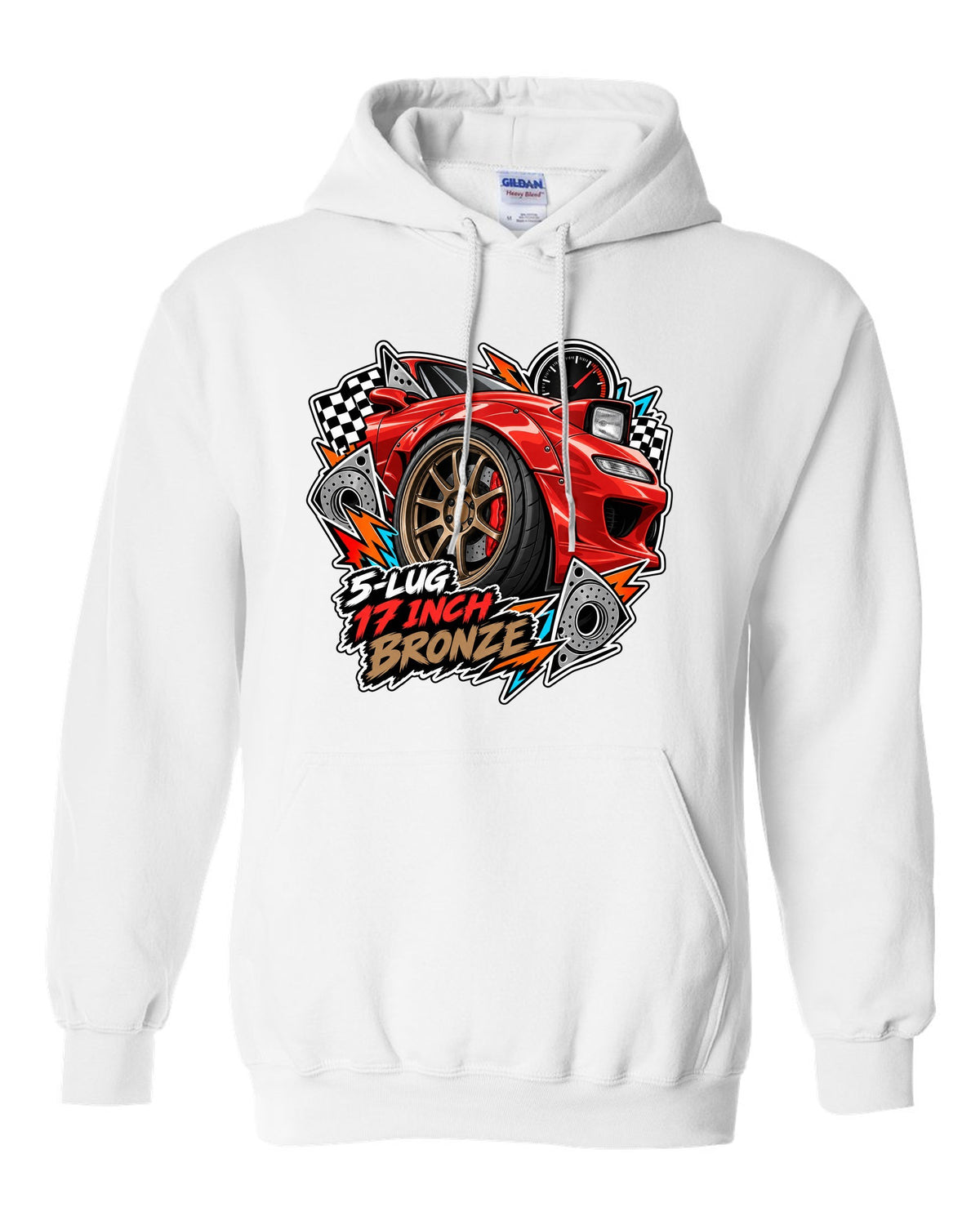 Gauge cluster print of a Mazda RX-7 FD3S boost needle with the text Boost Leak Somewhere white pull over hoodie front view with the design
