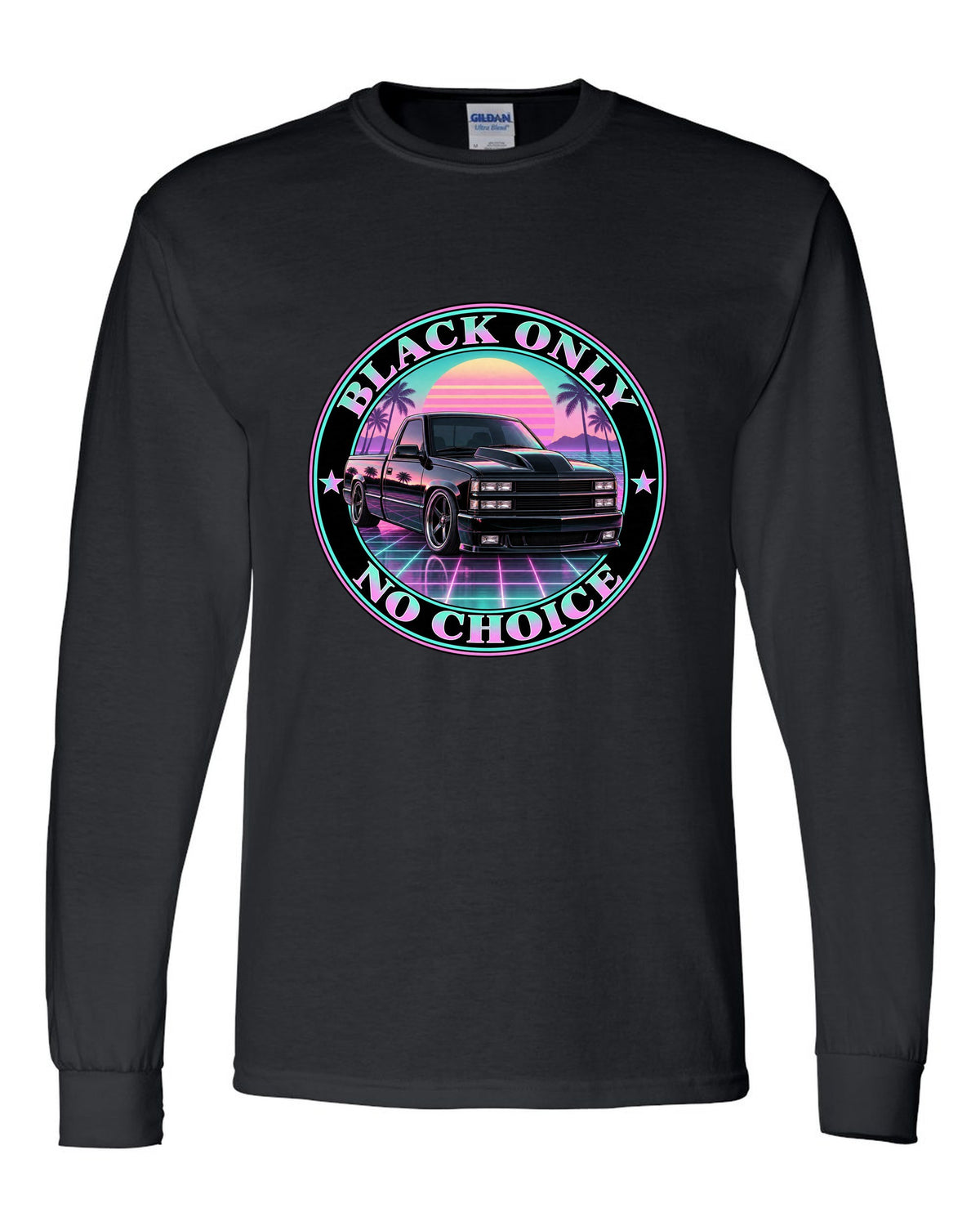 Pastel vaporwave print of a 1990-93 Chevrolet 454 SS pickup with black only no choice lettering black long sleeve front view with the design