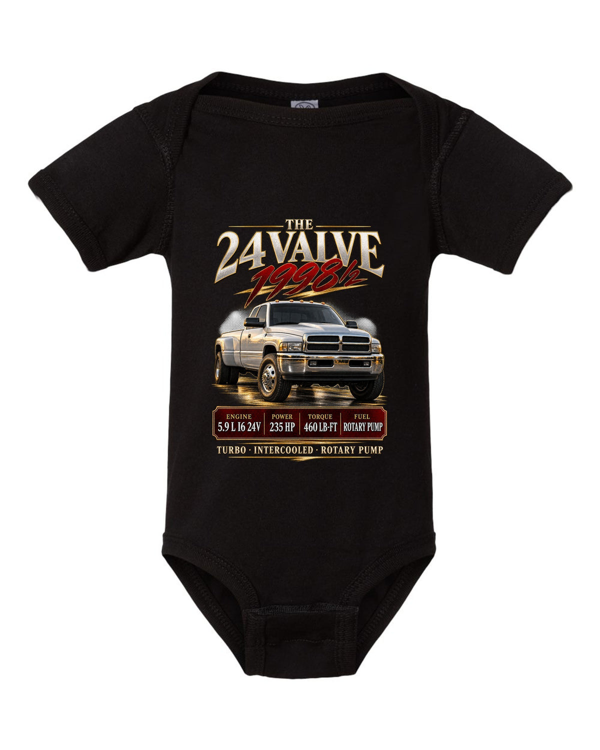 Archive panel of a 1998.5-2002 Ram 2500 2nd gen 24V with 235 HP and 460 lb-ft black baby onesie front view with the design
