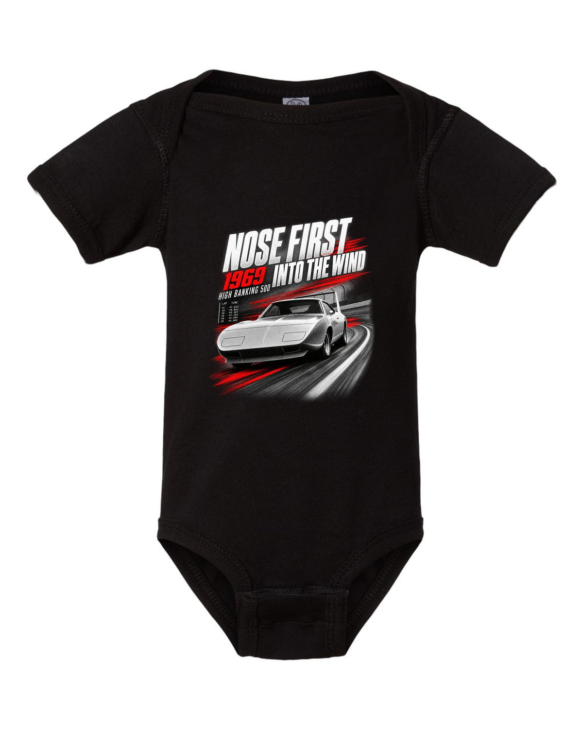 1969 Dodge Charger Daytona race poster print with nose first into the wind lettering black baby onesie front view with the design