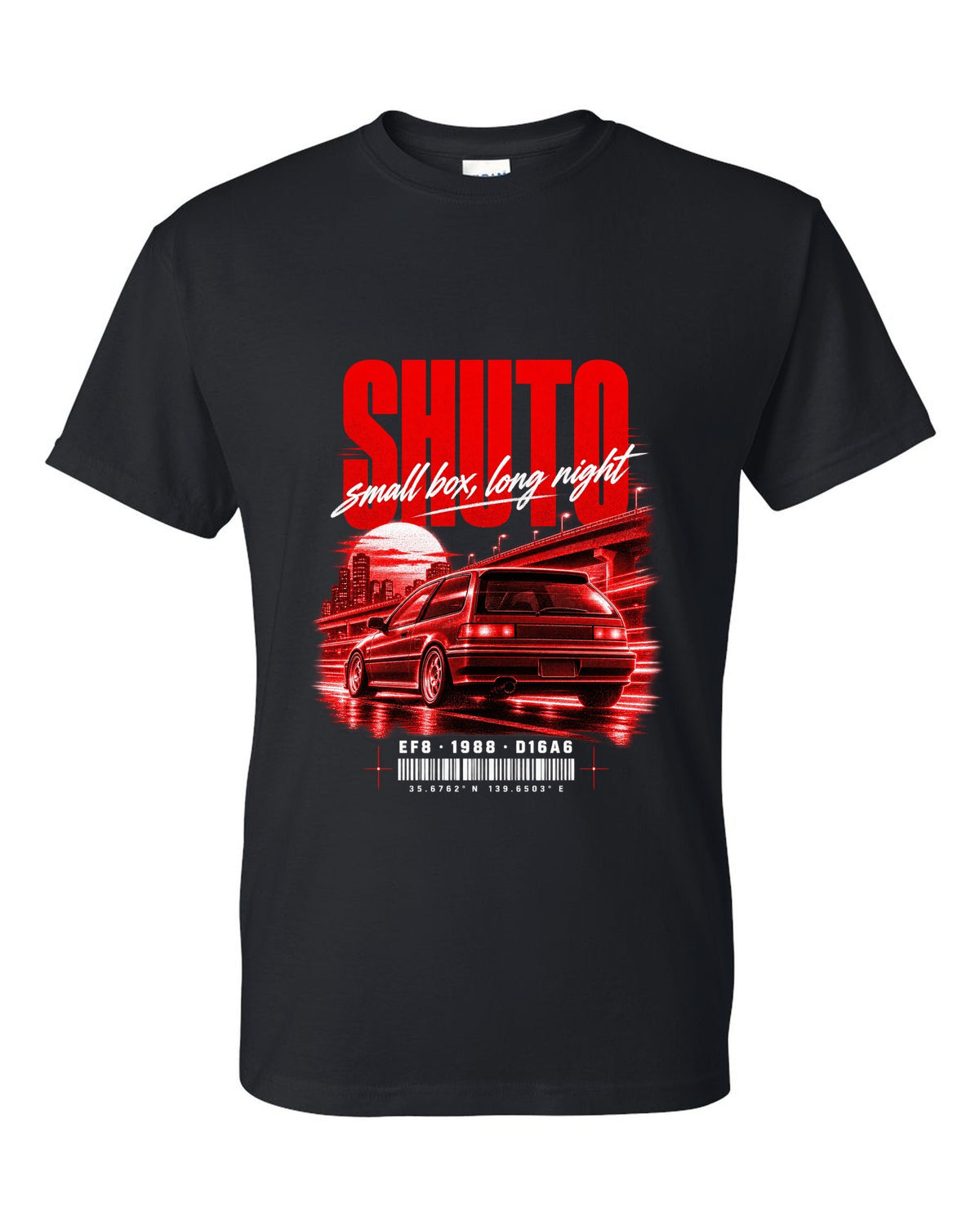 Street poster print for the 1988 Honda CRX EF8 Si with Shuto night lettering and D16A6 engine code black t-shirt front view with the design