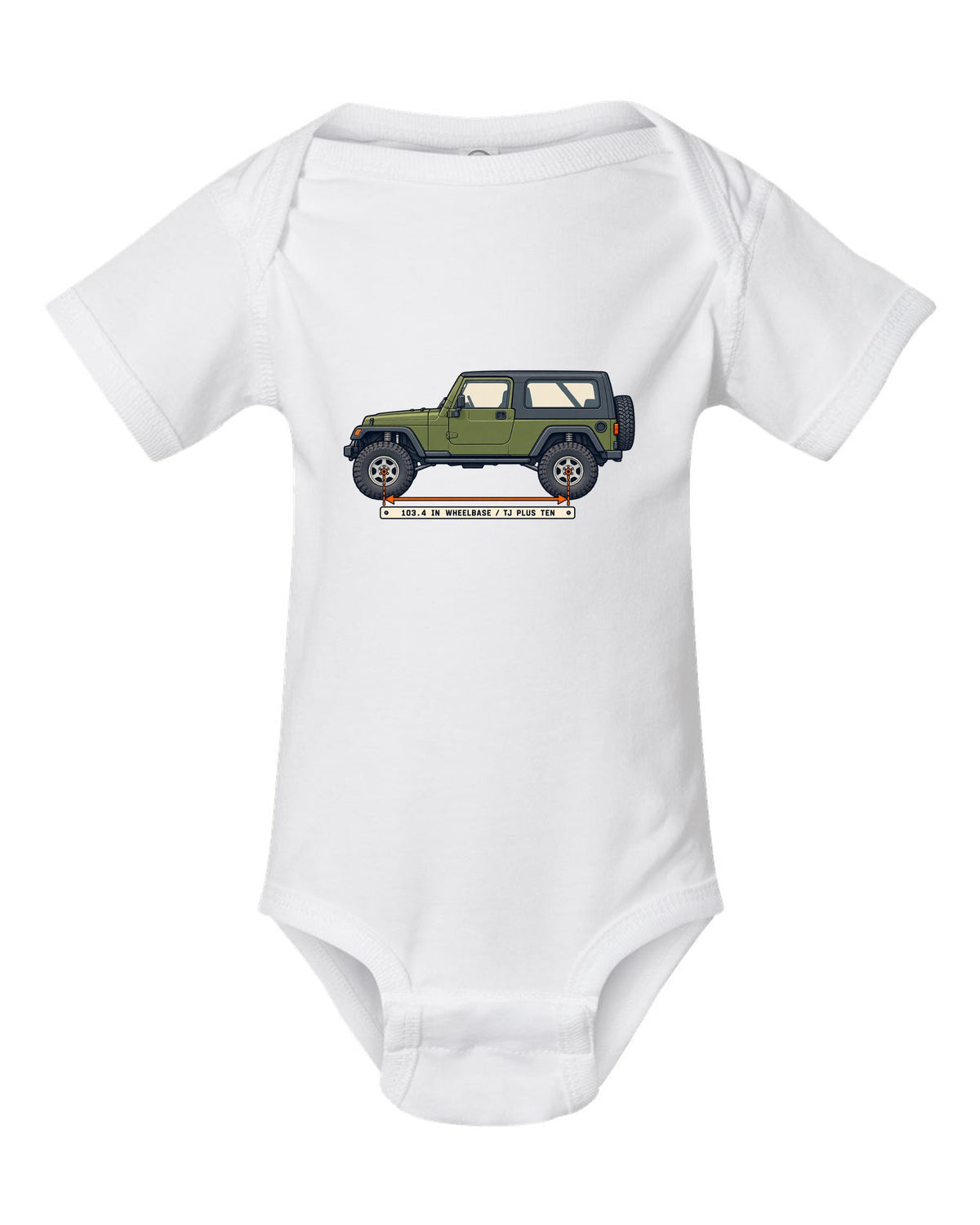 Patent-style line drawing of a Jeep Wrangler LJ Unlimited with 103.4 IN WHEELBASE TJ PLUS TEN lettering white baby onesie front view with the design