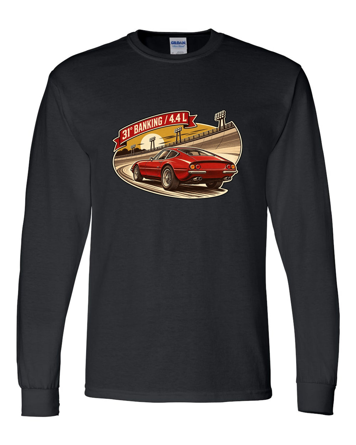 Sepia retro race-programme illustration of three Ferrari 365 GTB/4 Daytonas on banking black long sleeve front view with the design
