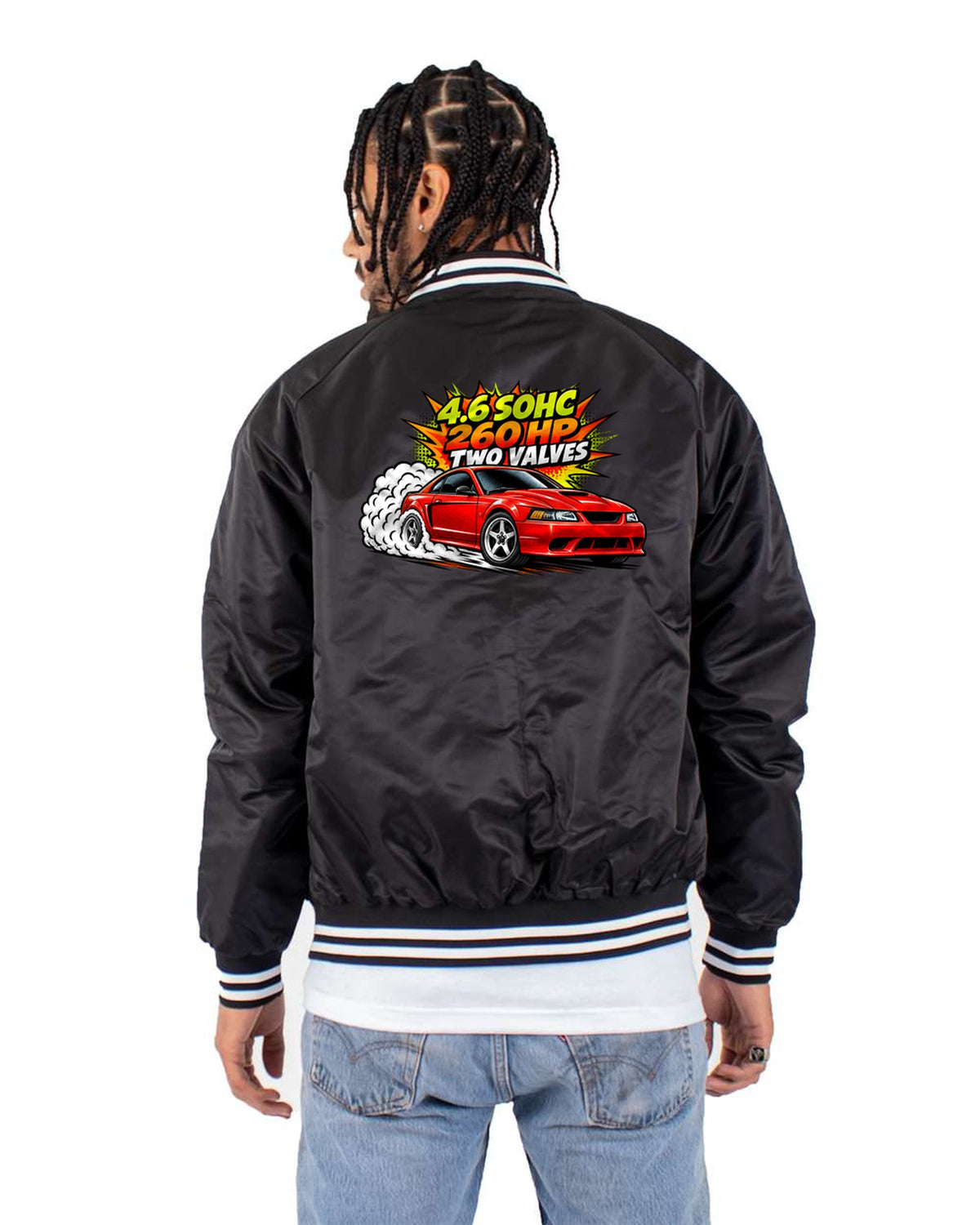 Ford Mustang SN95 New Edge Burnout Pop-Art Shirt, 4.6 SOHC Bomber Jacket Black back