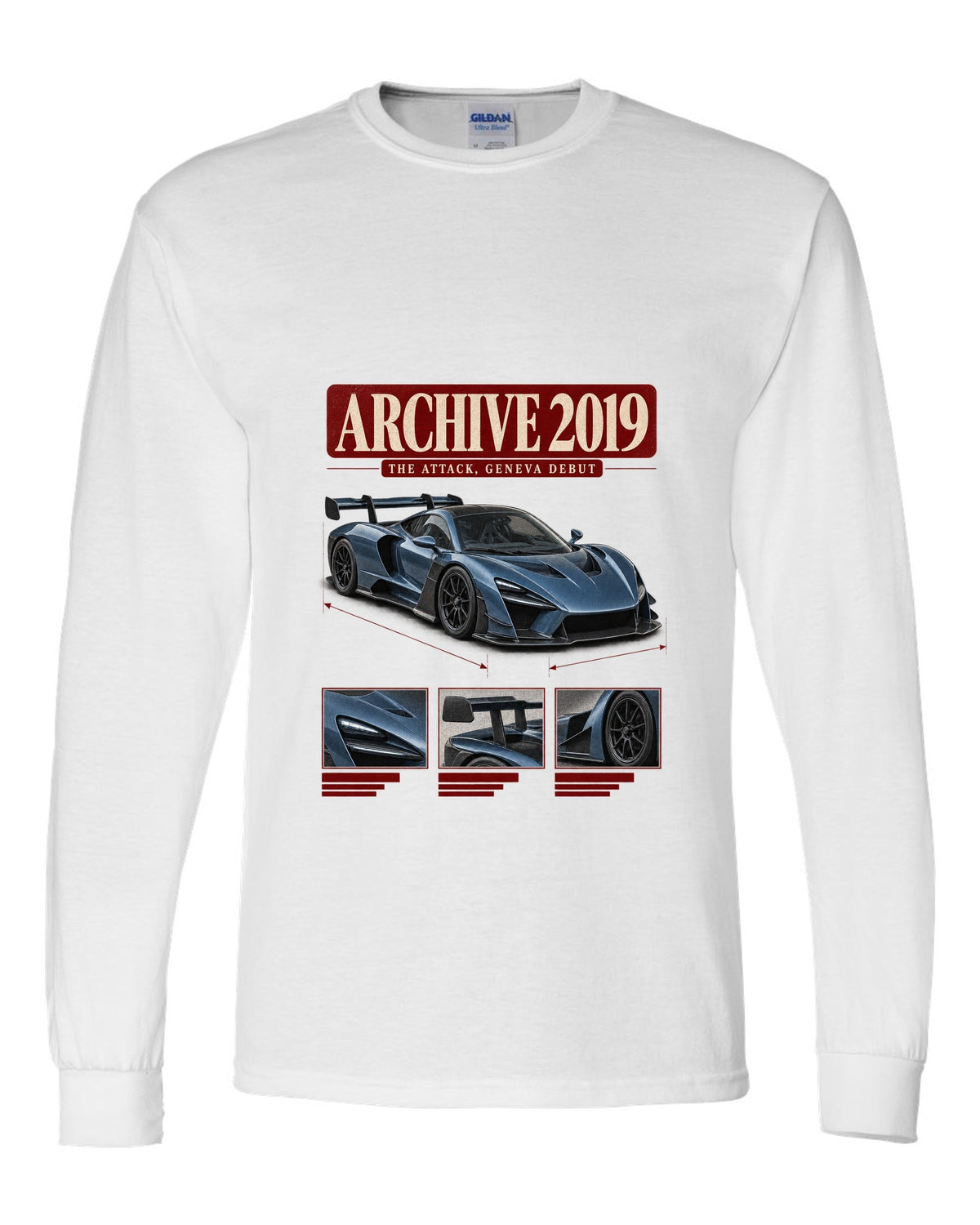 Archive panel design of the Koenigsegg Jesko Attack front three-quarter, print white long sleeve front view with the design