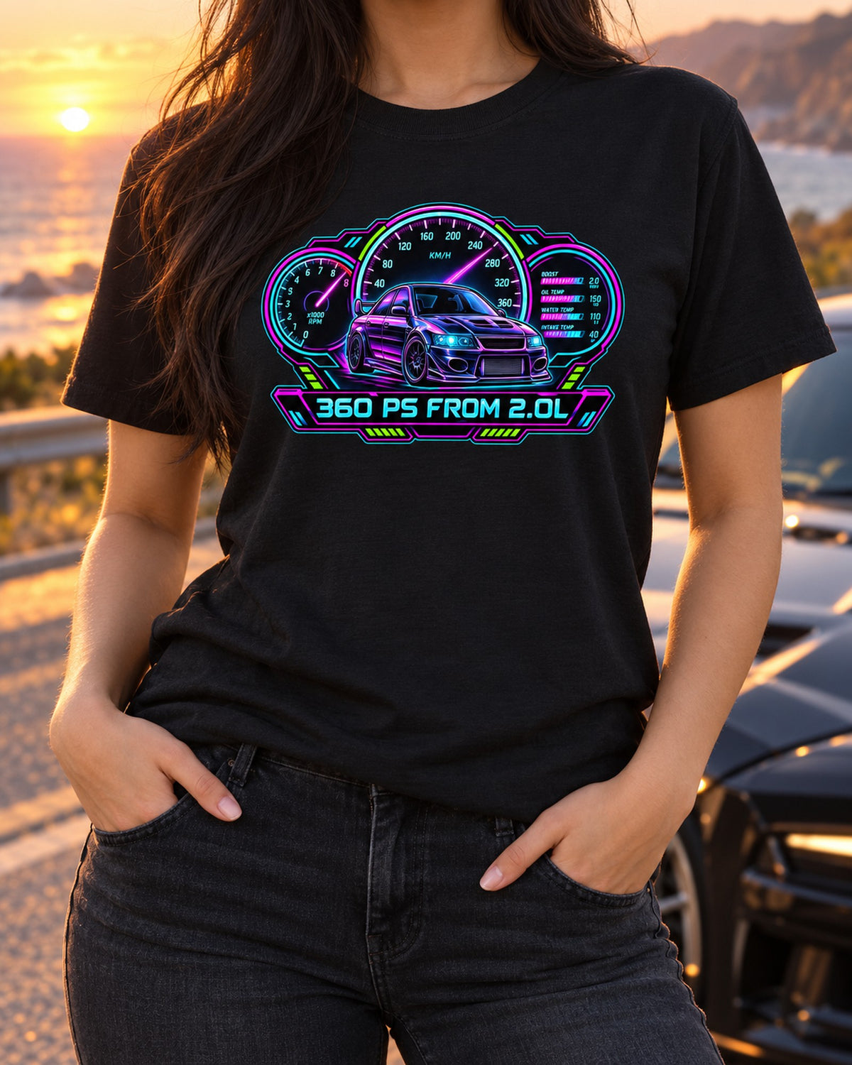 Evo IX CT9A Neon Gauge Cluster Shirt, 360 PS From 2.0L T-Shirt Black worn hero