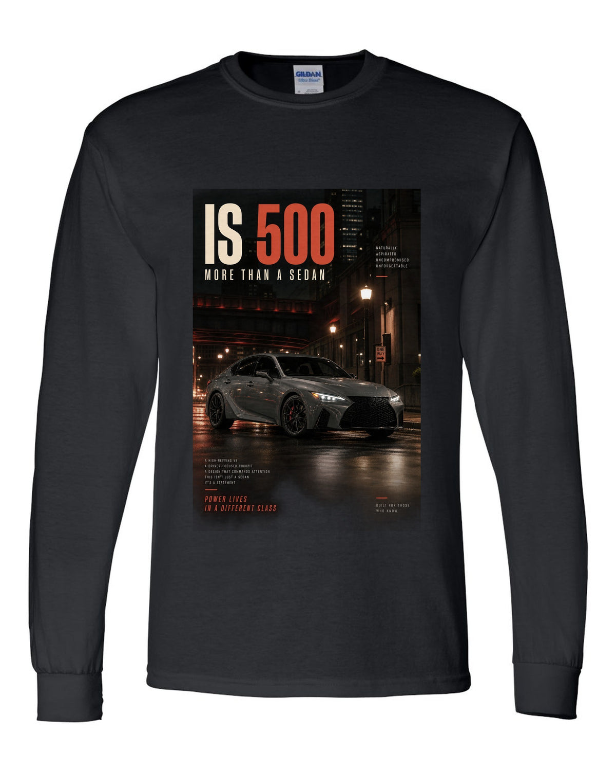 Halftone print of the Lexus IS 500 with 5.0 V8 text black long sleeve front view with the design