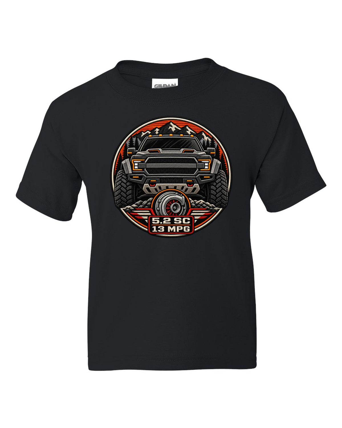 Varsity badge crest print of the Ford F-150 Raptor R P702 with 5.2 SC and 13 MPG text black kids tee front view with the design