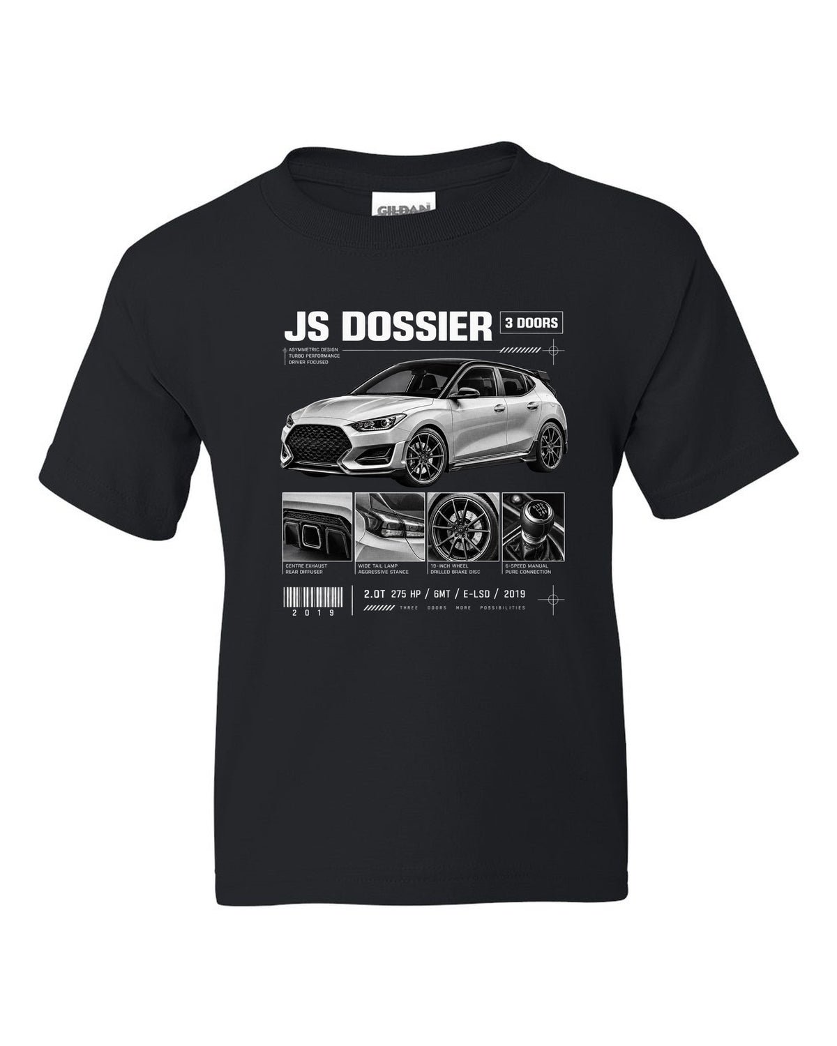 Hyundai Veloster N JS dossier panels with three doors and drivetrain specs black kids tee front view with the design