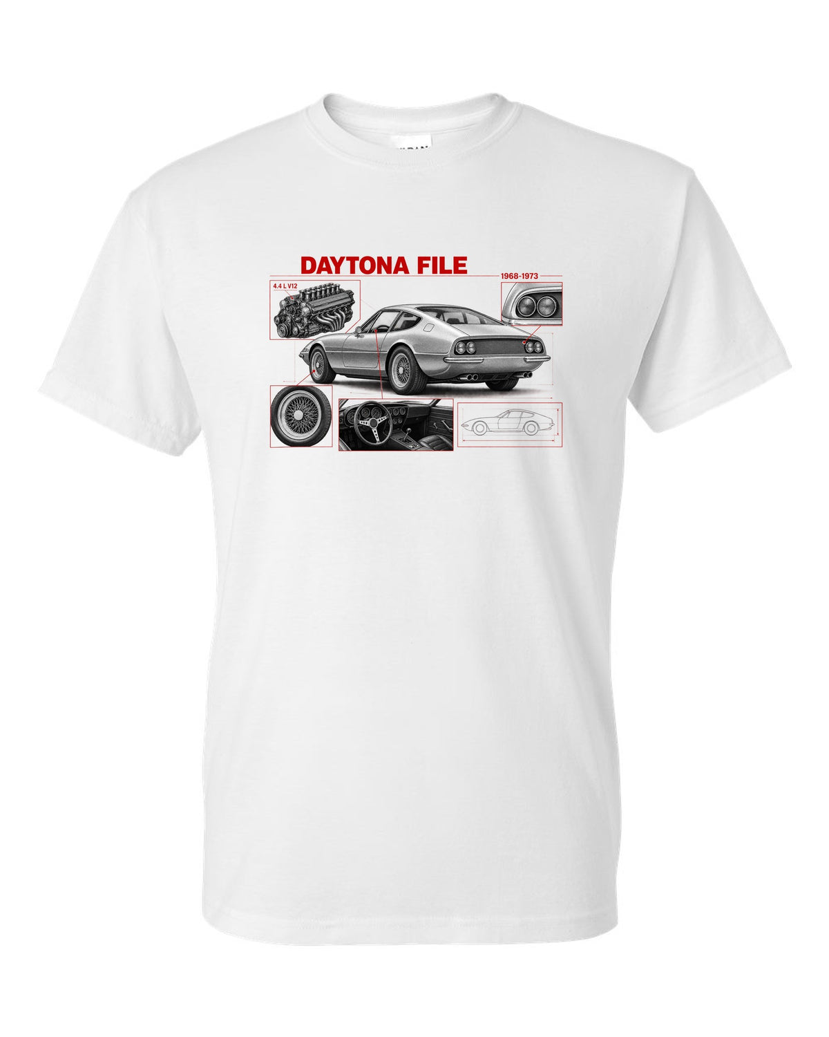 Engine hero print of a Ferrari 365 GTB/4 Daytona V12 with six twin-choke Weber carburettors white t-shirt front view with the design