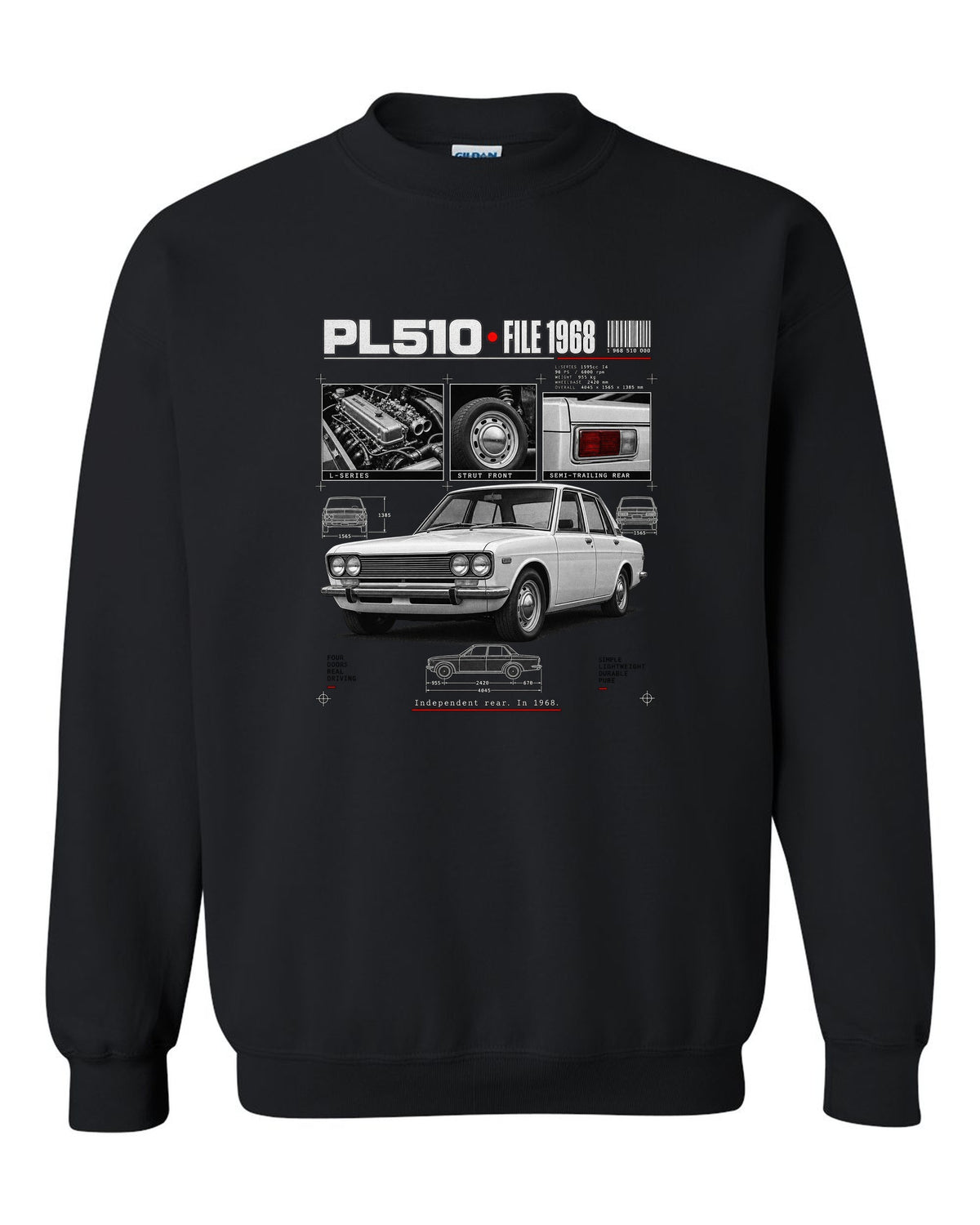 Dossier panel print of a Datsun PL510 sedan and wagon with suspension notes black crewneck front view with the design