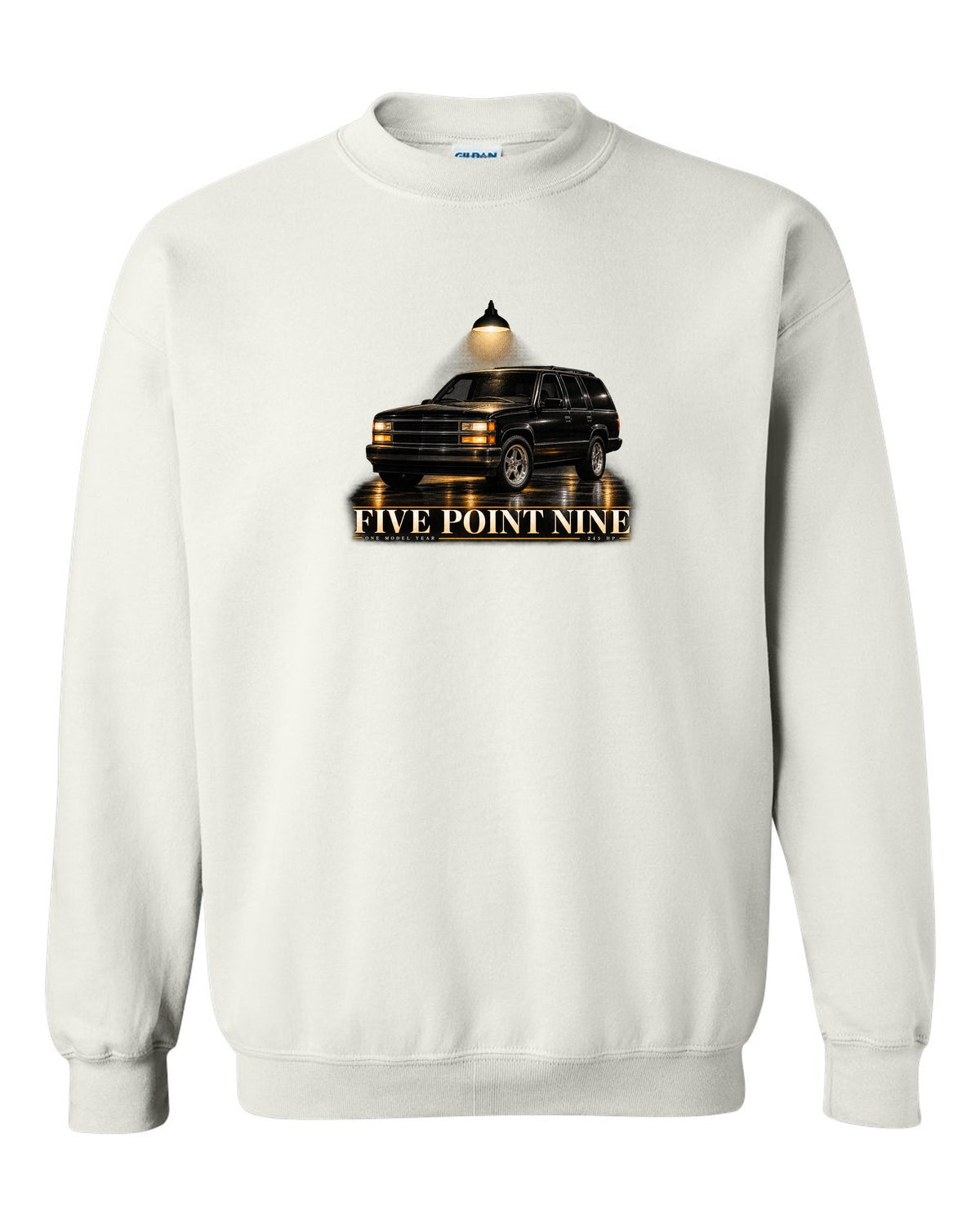 Garage night print for the 1998 Jeep Grand Cherokee ZJ 5.9 Limited white crewneck front view with the design