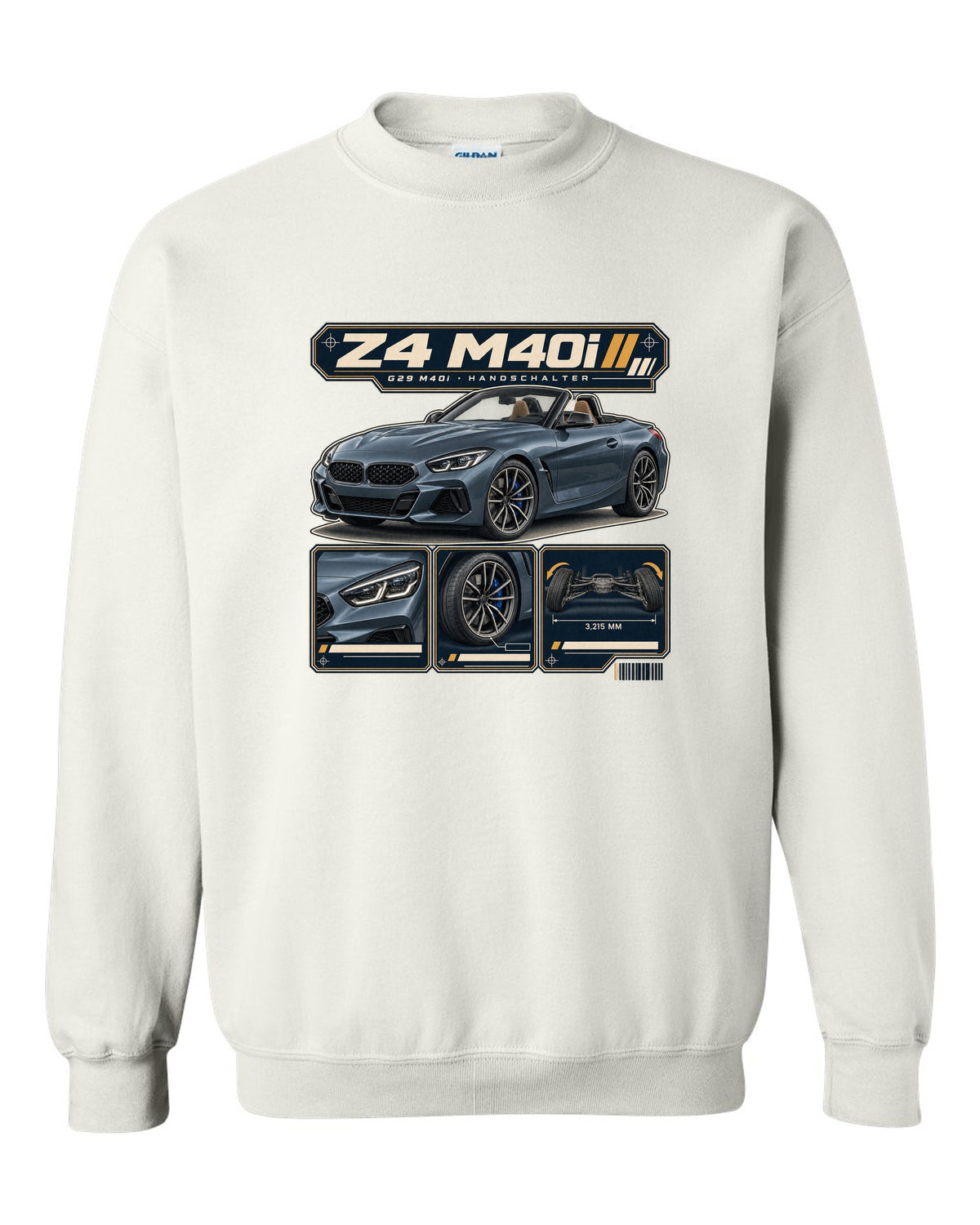 Dossier panel print of the BMW i7 M70 G70 noting rear wheel steering white crewneck front view with the design