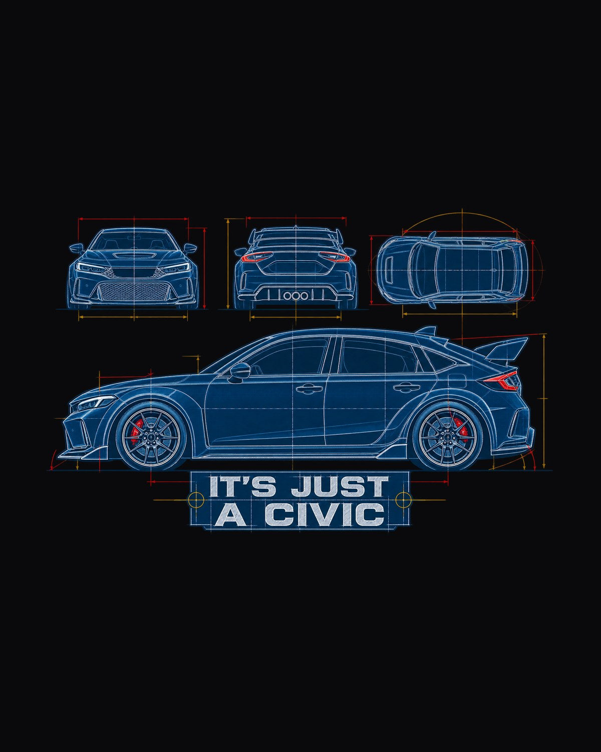Honda Civic FL5 Cyanotype Blueprint Shirt, It's Just a Civic design only
