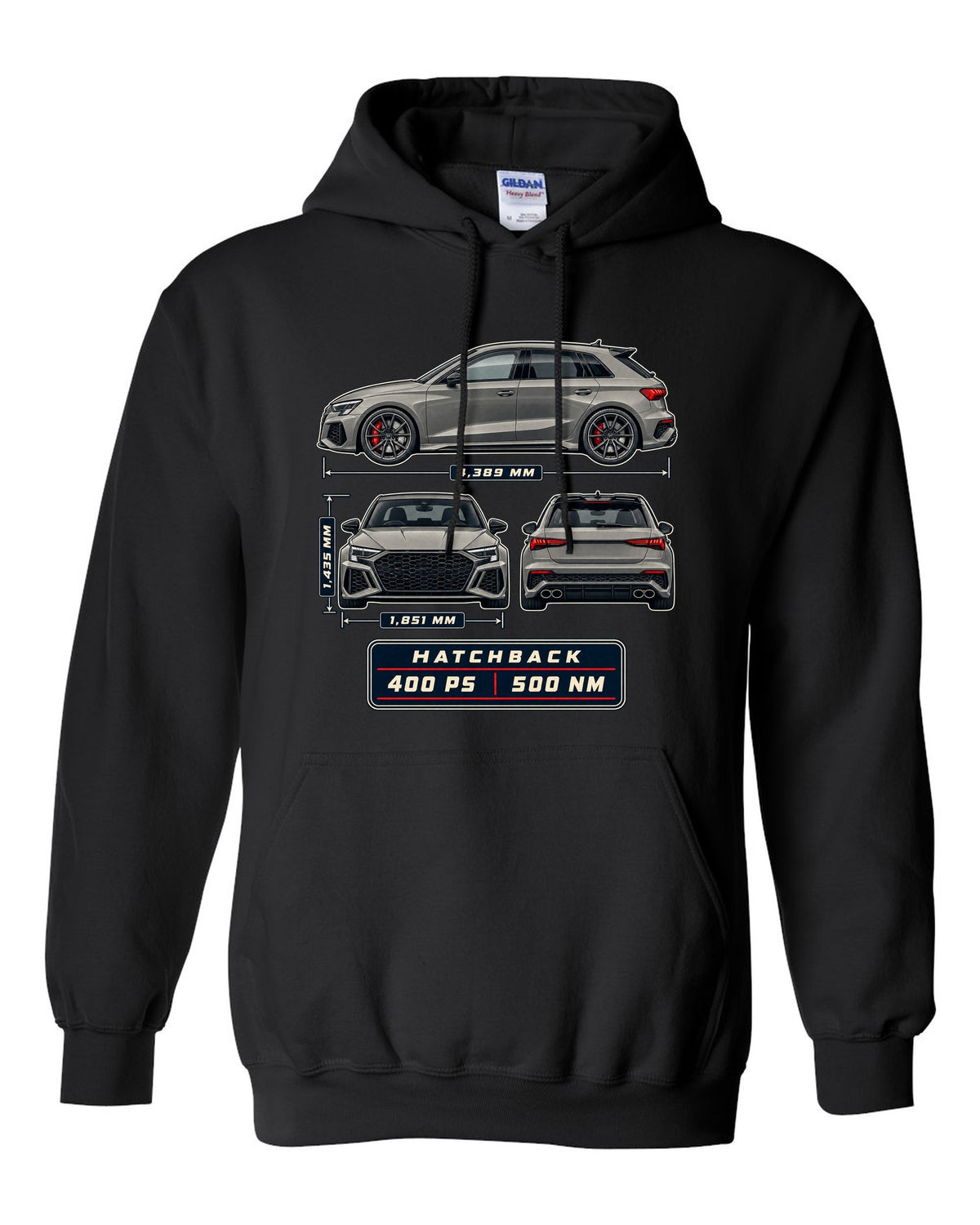 Three-view drawing and spec table of the Audi RS3 8Y Sportback black pull over hoodie front view with the design