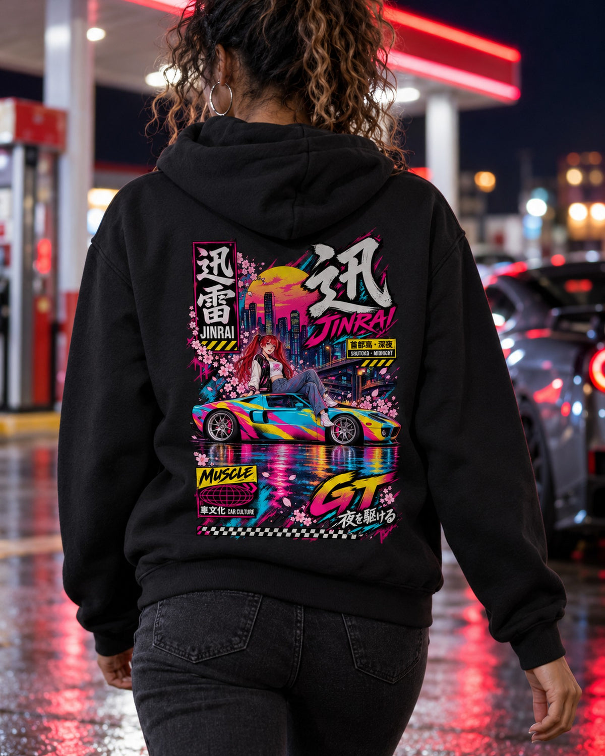 JINRAI GT Anime Girl Full-Back Graphic Tee Pull Over Hoodie Black worn hero