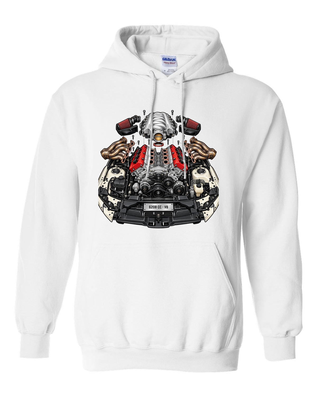 Exploded cutaway illustration of a Mercedes AMG M156 6.2 V8 engine white pull over hoodie front view with the design