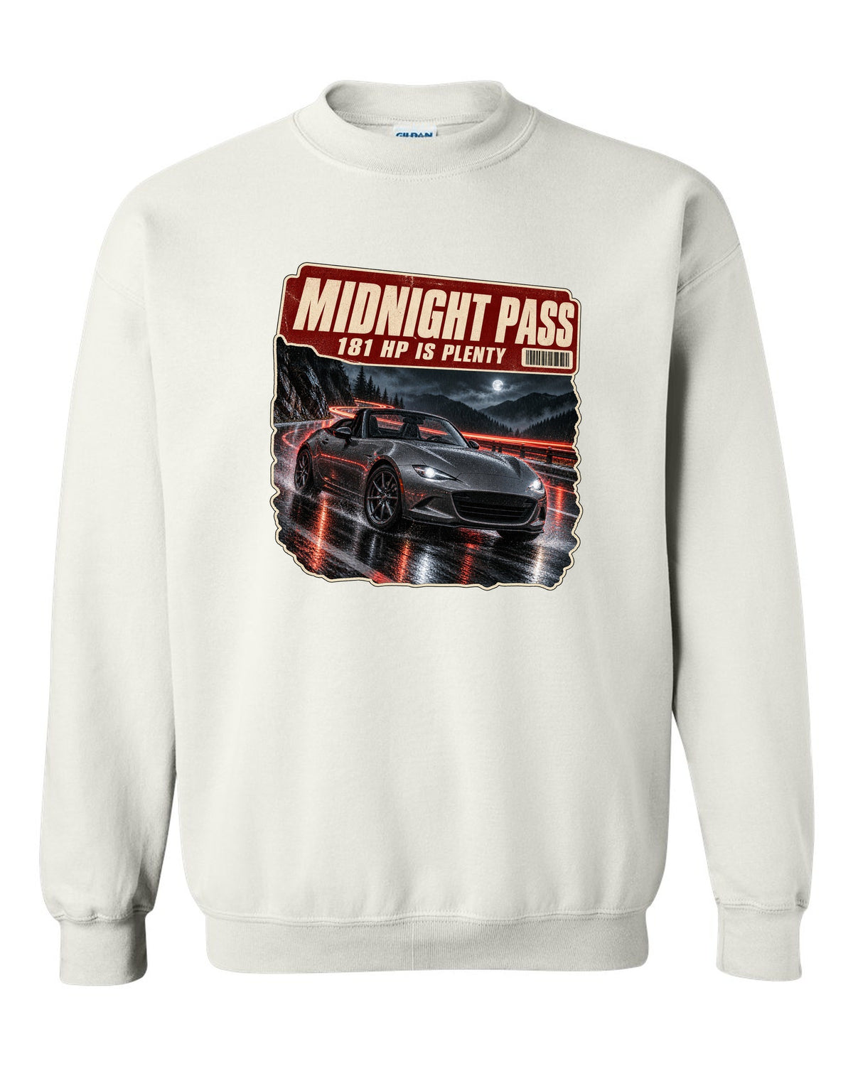 Night mountain pass scene with a 2020 Mazda MX-5 ND RF in Polymetal Grey, poster-style print white crewneck front view with the design
