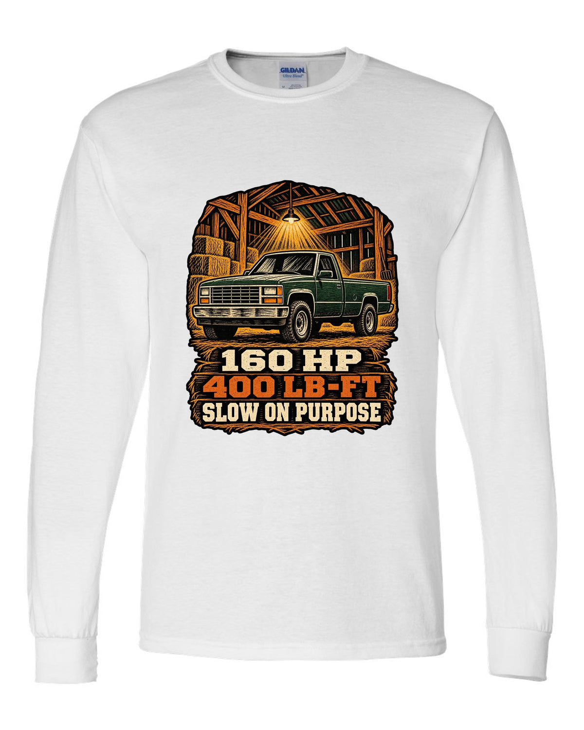 Woodcut style print of a 1989-1993 Dodge Ram D250 Cummins on an oversized shirt white long sleeve front view with the design