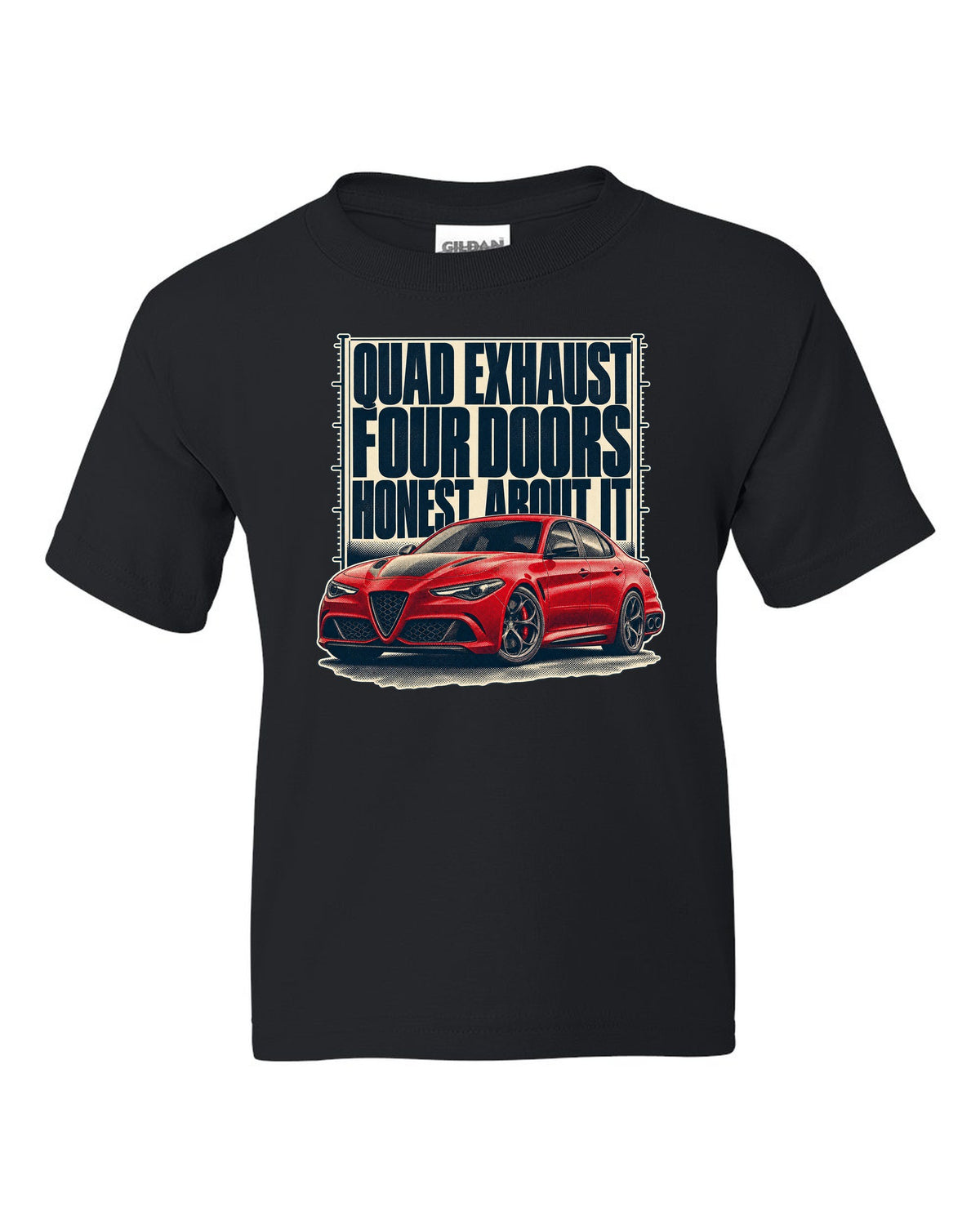 Alfa Romeo Giulia Quadrifoglio halftone statement print black kids tee front view with the design