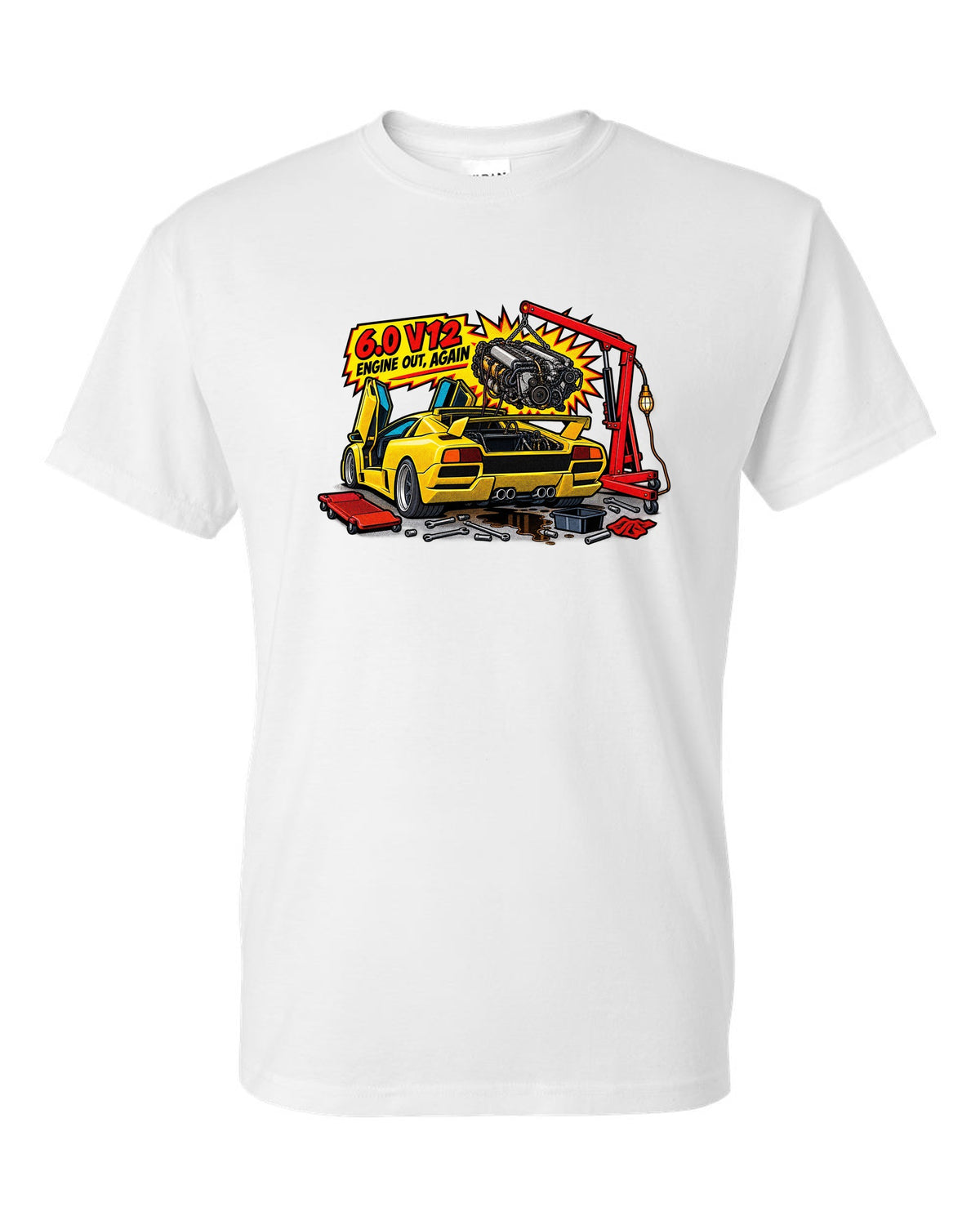 Comic halftone pop-art Lamborghini Diablo GT in a workshop with 6.0 V12 engine out again lettering white t-shirt front view with the design
