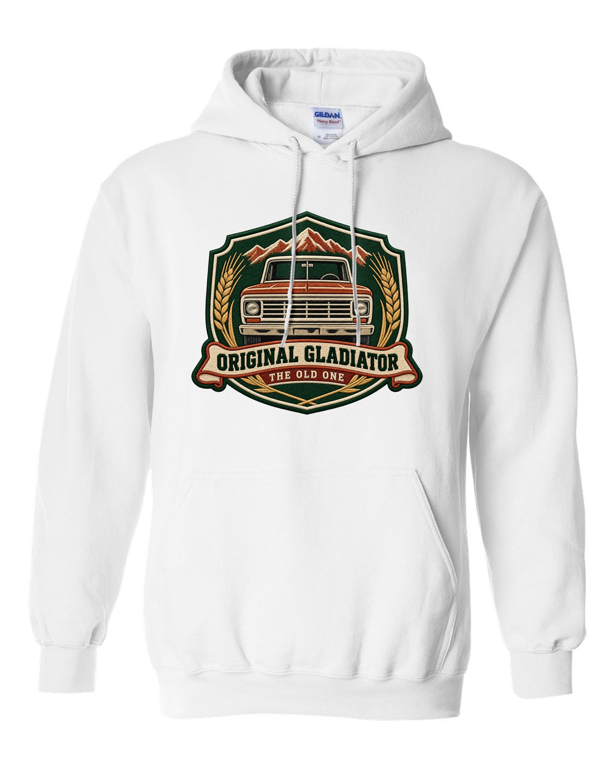 Embroidery-style shield crest print with Jeep Gladiator J-series pickup and the words The Old One white pull over hoodie front view with the design