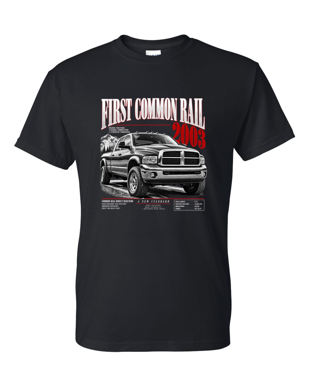 Editorial headline of a 2003-2009 Ram 2500 3rd gen with the text First Common Rail 2003 black t-shirt front view with the design