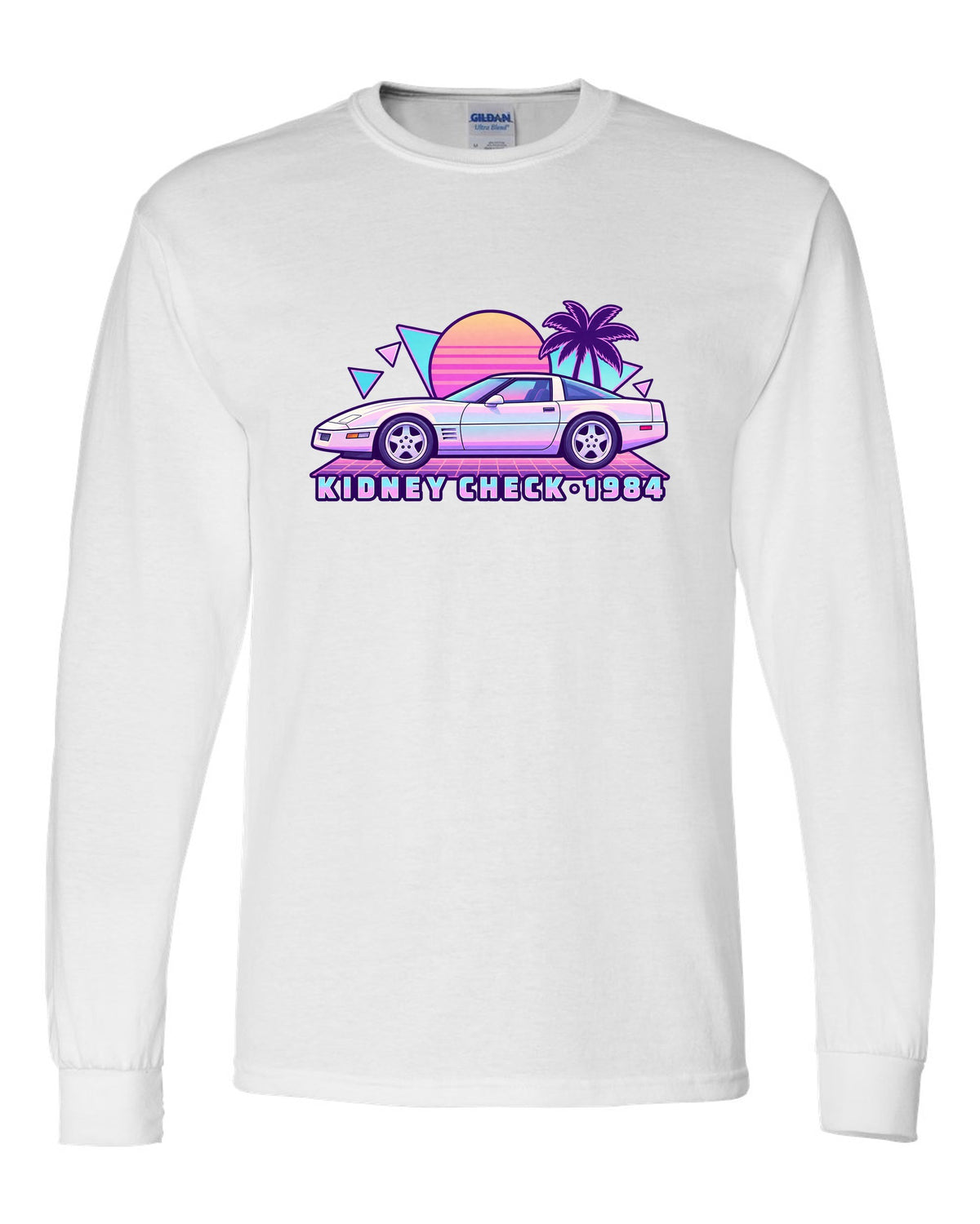 Pastel vaporwave print of a 1984 Chevrolet Corvette C4 coupe with Kidney Check text white long sleeve front view with the design
