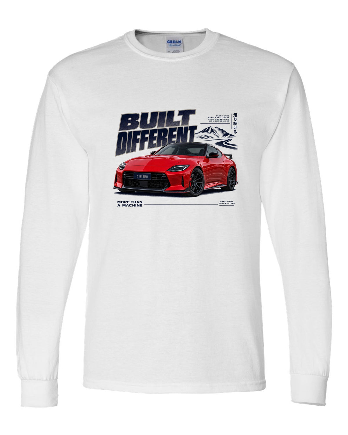 Dossier panels for a 2024 Nissan Z NISMO RZ34 in graphite and rust white long sleeve front view with the design