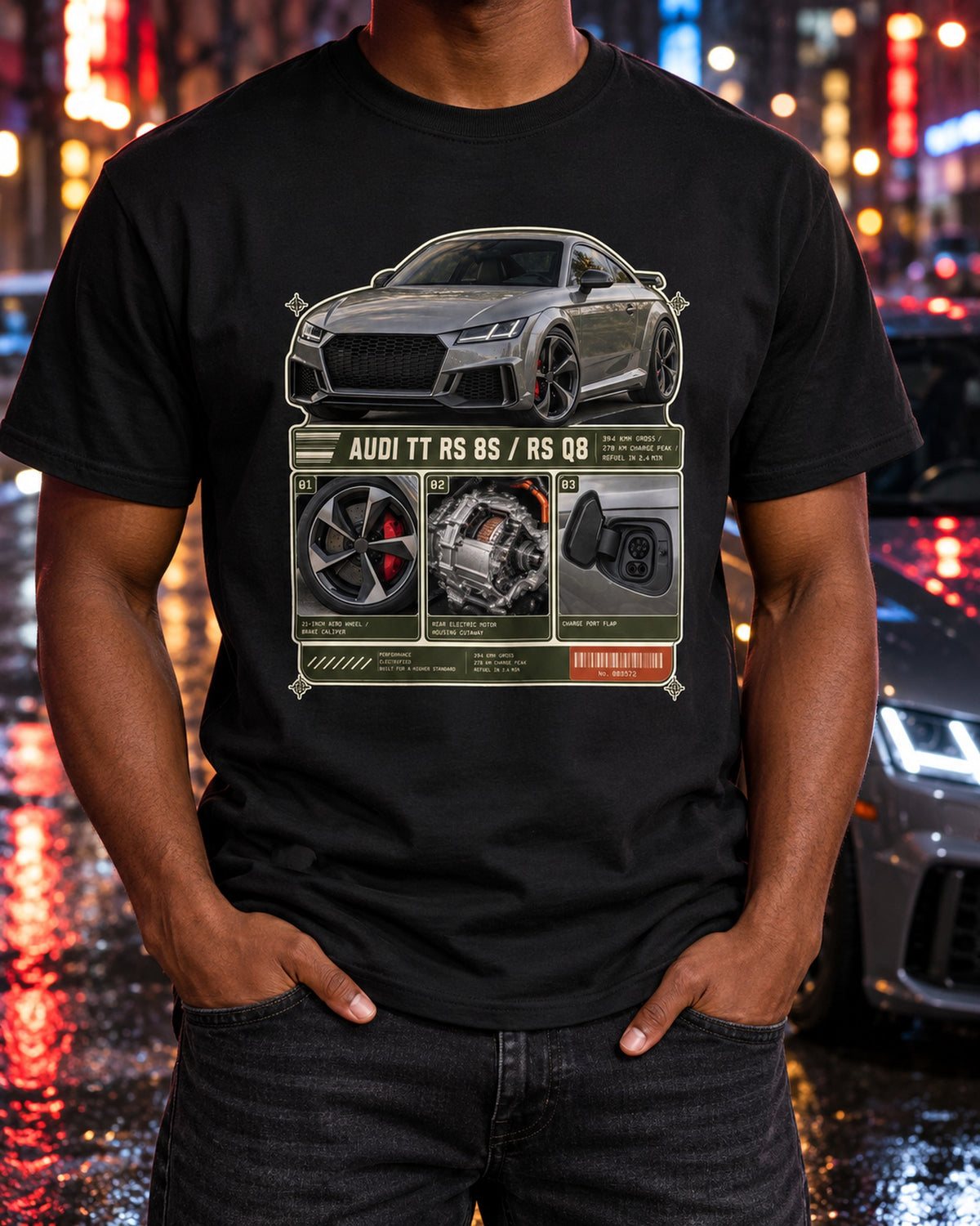 Audi RS e-tron GT Dossier Panels Shirt, 93.4 kWh Charging Tee T-Shirt Black worn hero