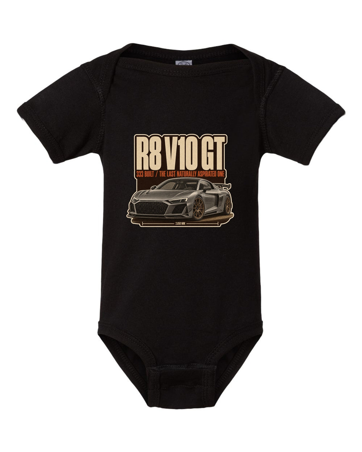 Audi R8 V10 GT RWD final edition editorial headline print design black baby onesie front view with the design