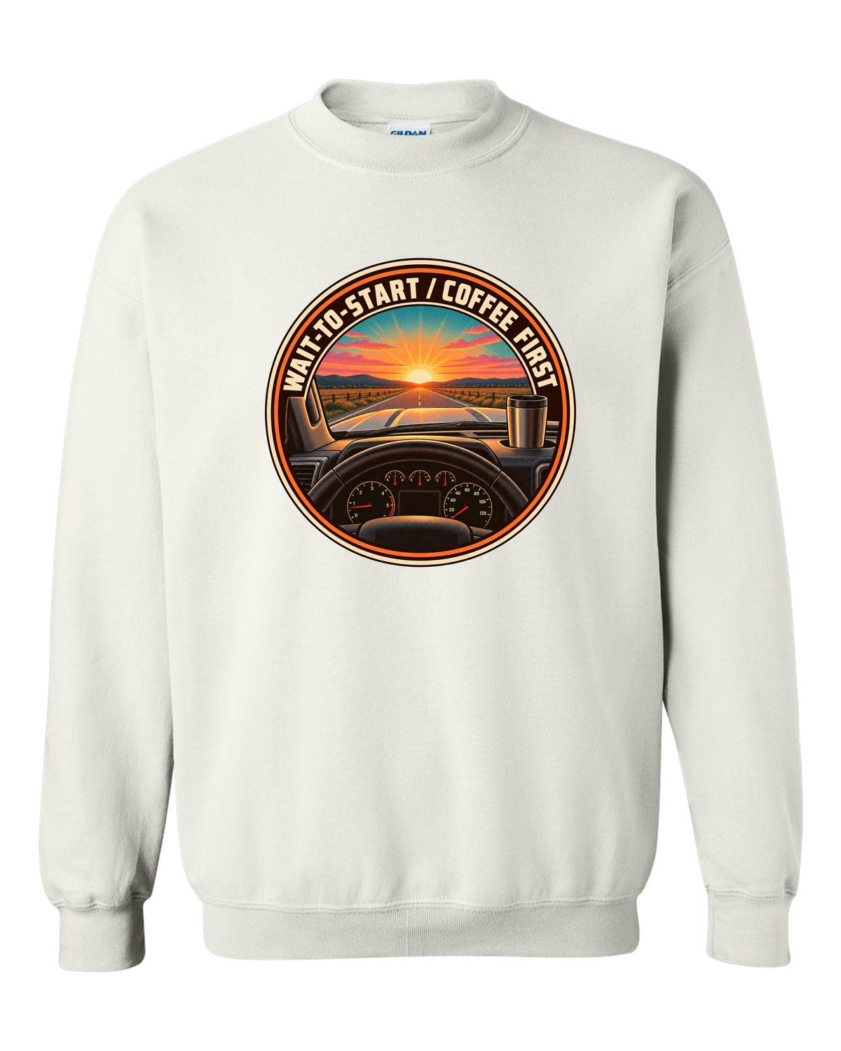 Retro sunset crest print for a 2010-2018 Ram 2500 6.7 Cummins with wait-to-start coffee first text white crewneck front view with the design