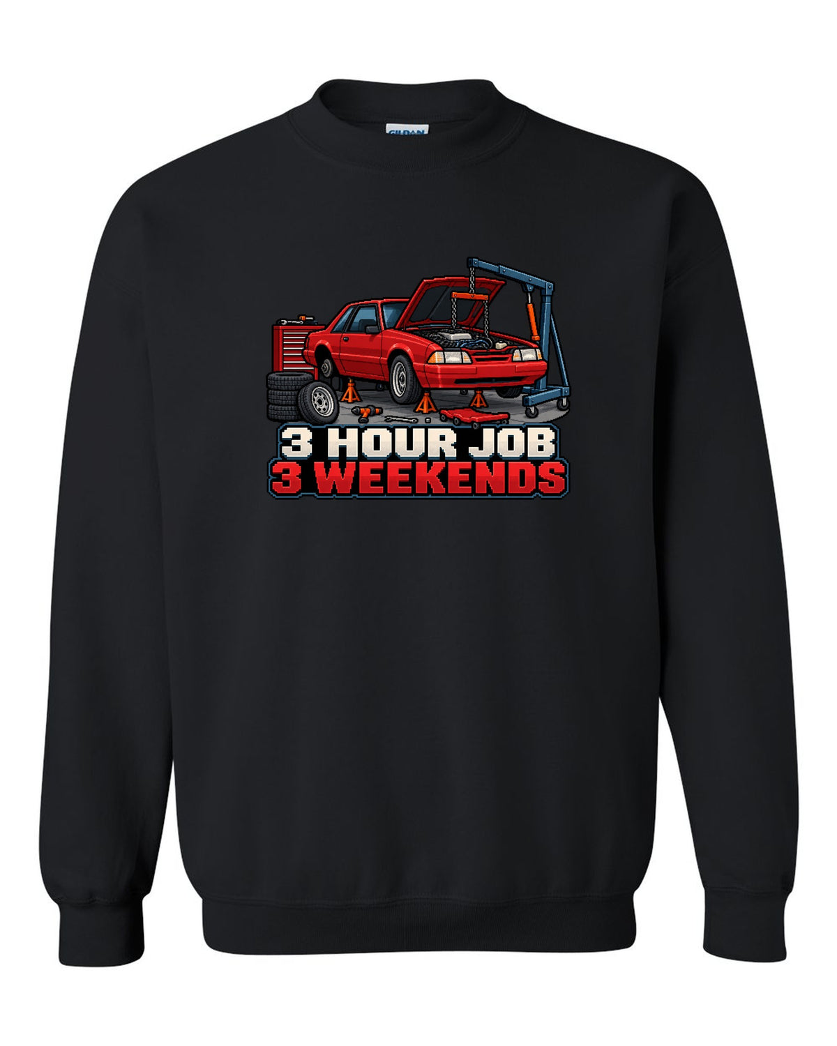 16-bit pixel art print of a 1989 Ford Mustang Fox Body notchback in a workshop black crewneck front view with the design