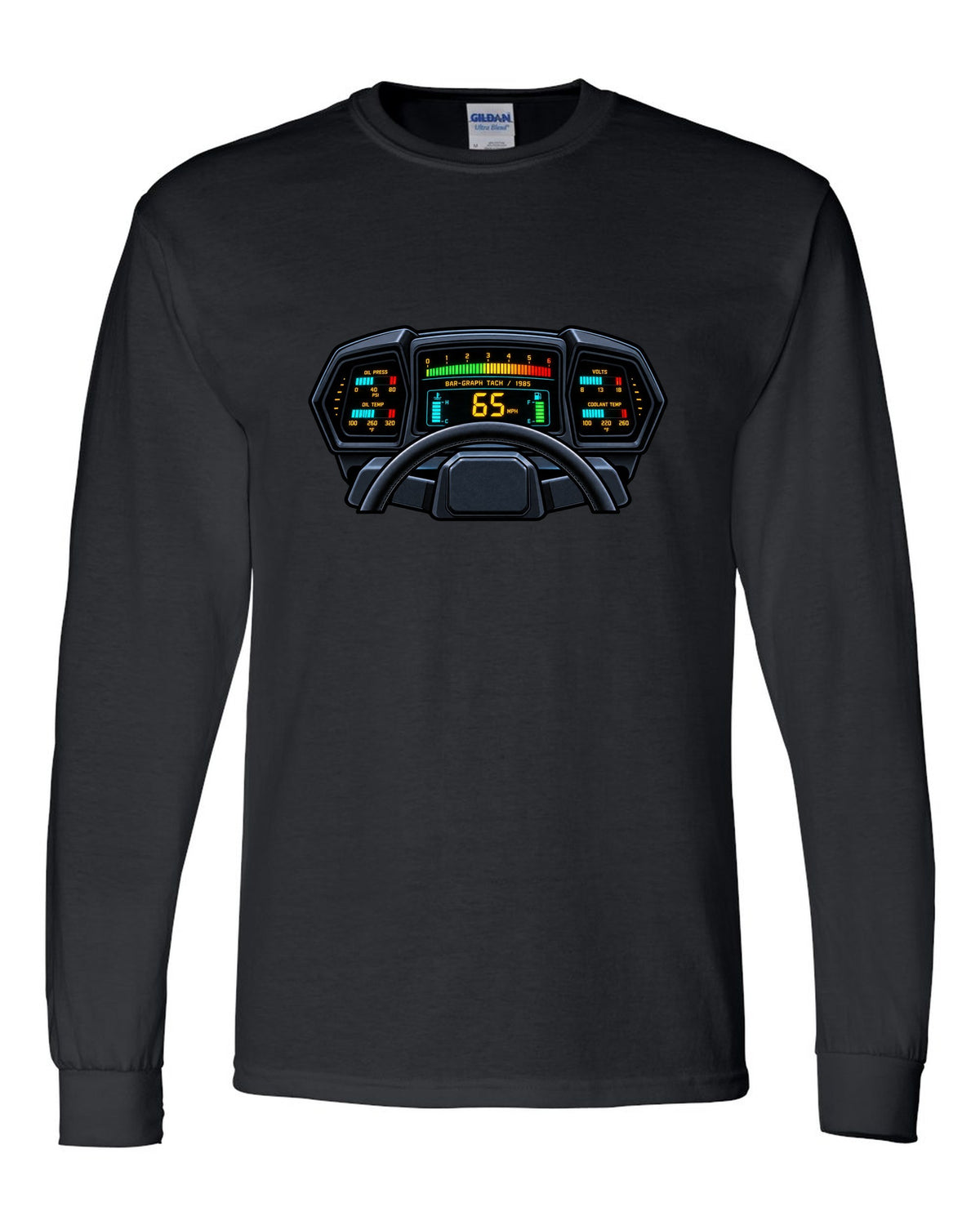 Gauge cluster HUD style print of a 1985 Chevrolet Corvette C4 digital dash with bar-graph tach black long sleeve front view with the design