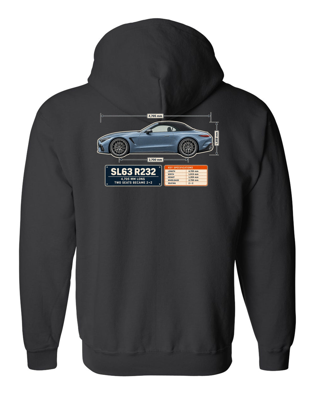 Mercedes-AMG SL63 R232 Dimension Blueprint black zip hoodie back view with the design