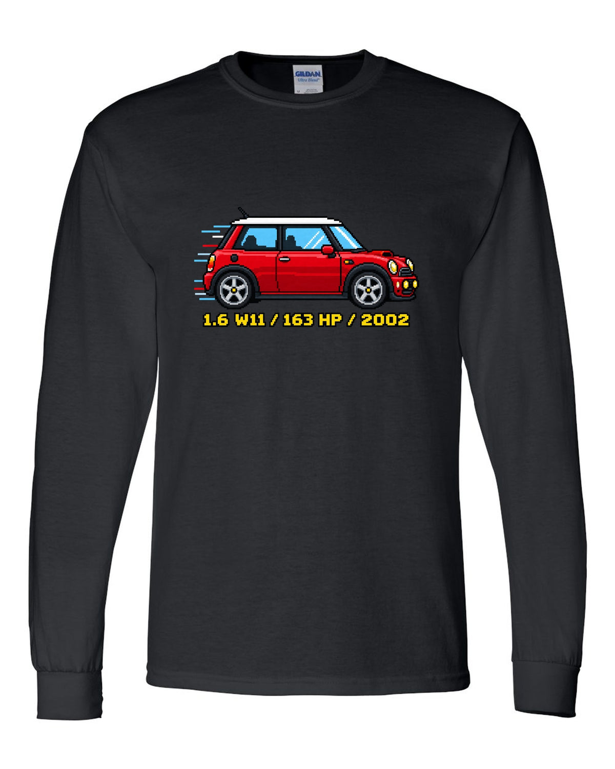 Sixteen-bit pixel art Mini Cooper S R53 with 1.6 W11, 163 HP, 2002 stats black long sleeve front view with the design